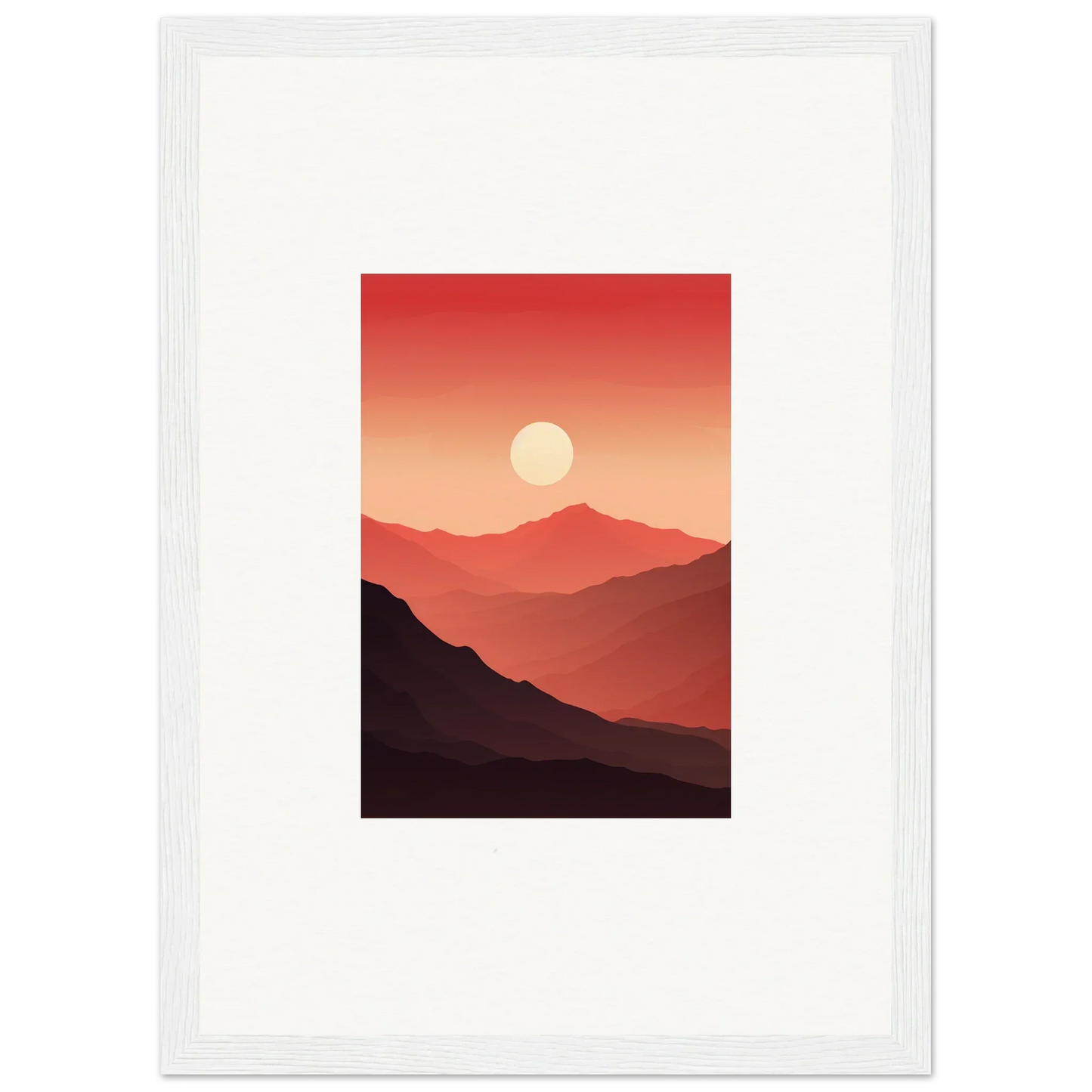 Framed canvas print of crimson vibrations at sunset over mountains, perfect for room decoration