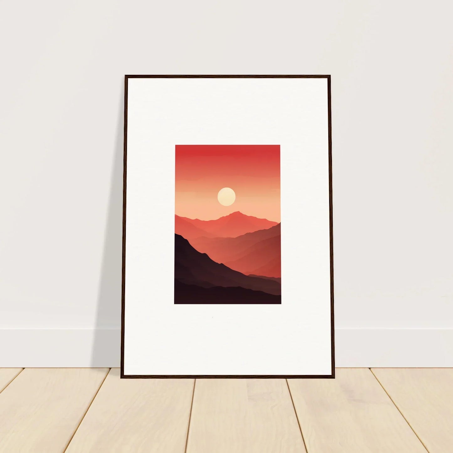 Framed canvas print of crimson vibrations at sunset over mountain silhouettes for room decoration