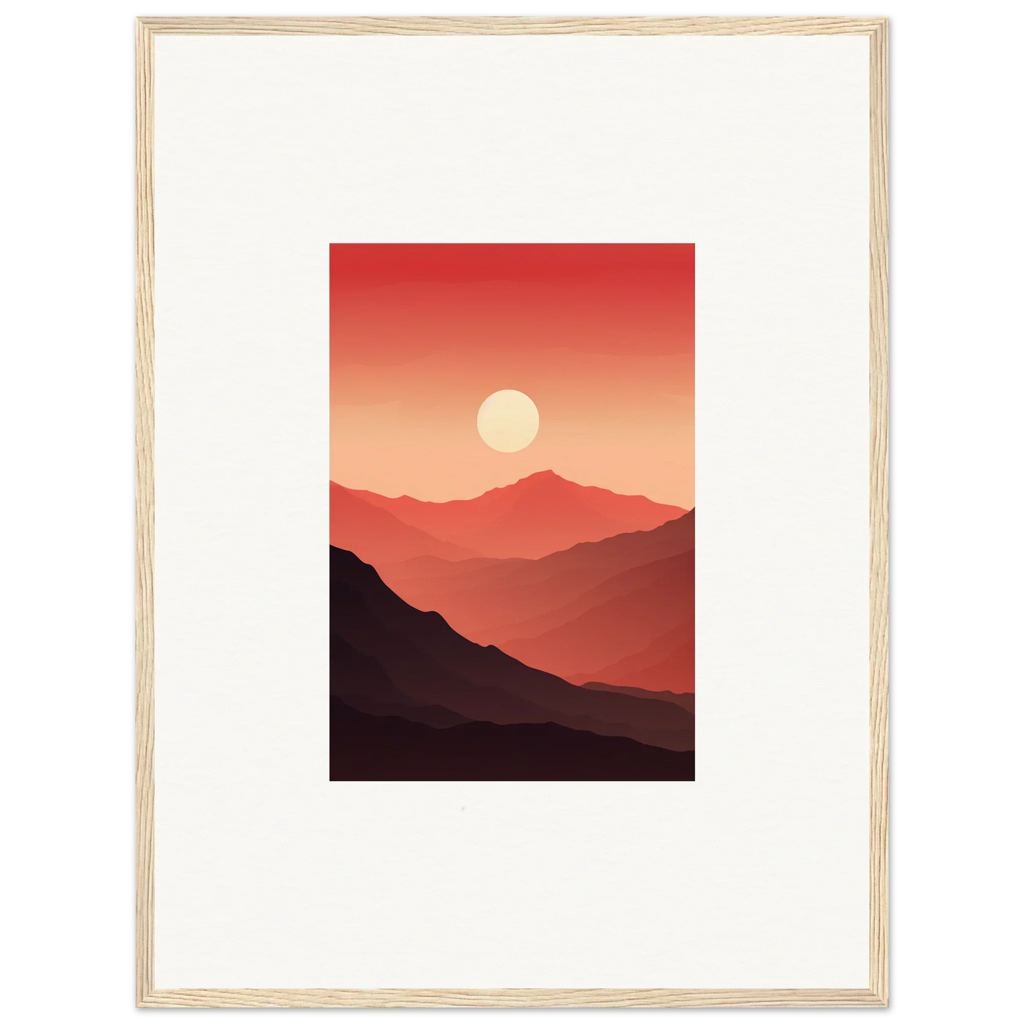 Framed canvas print of a sunset over mountains, perfect for room decoration with crimson vibrations