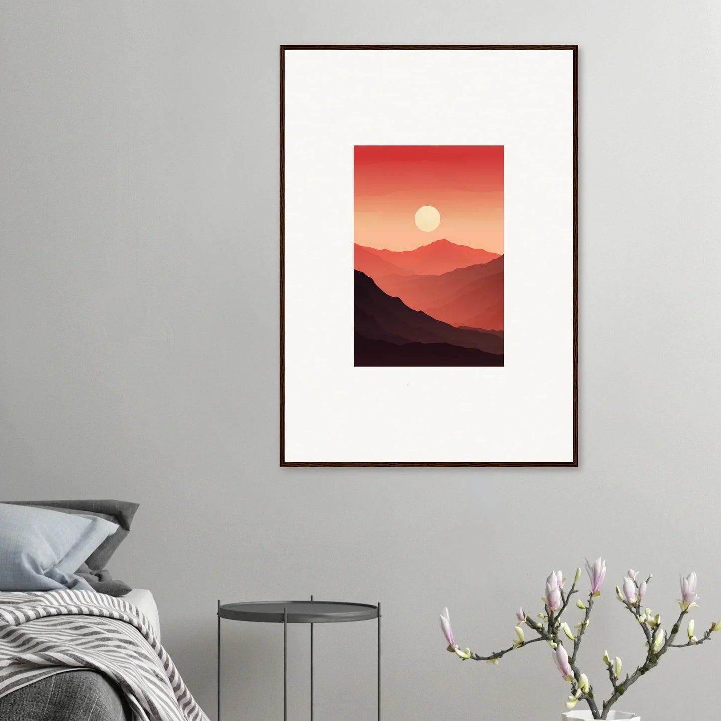 Minimalist mountain canvas print at sunset, perfect for room decoration with crimson vibrations