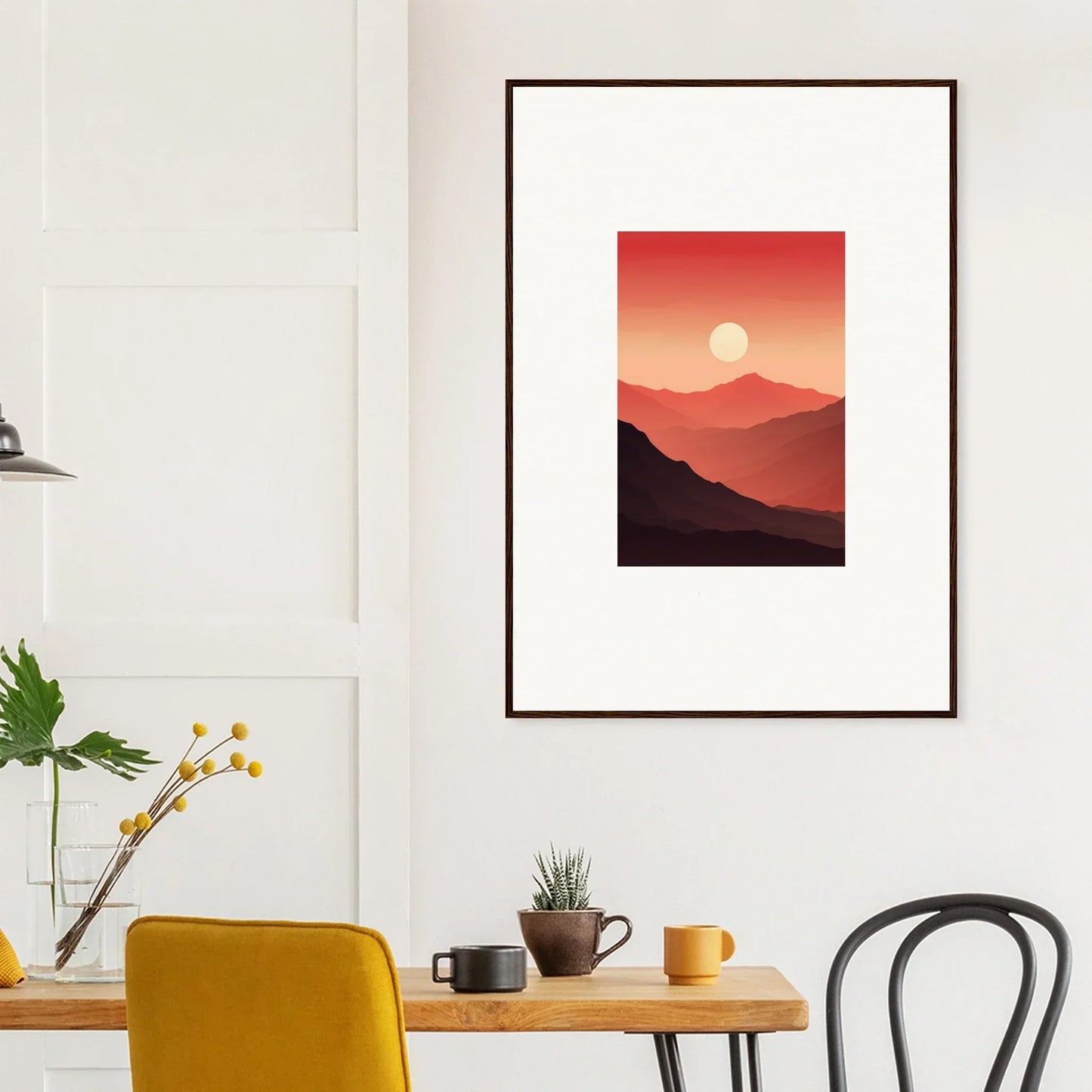 Framed canvas print of crimson vibrations at sunset over mountains for room decoration
