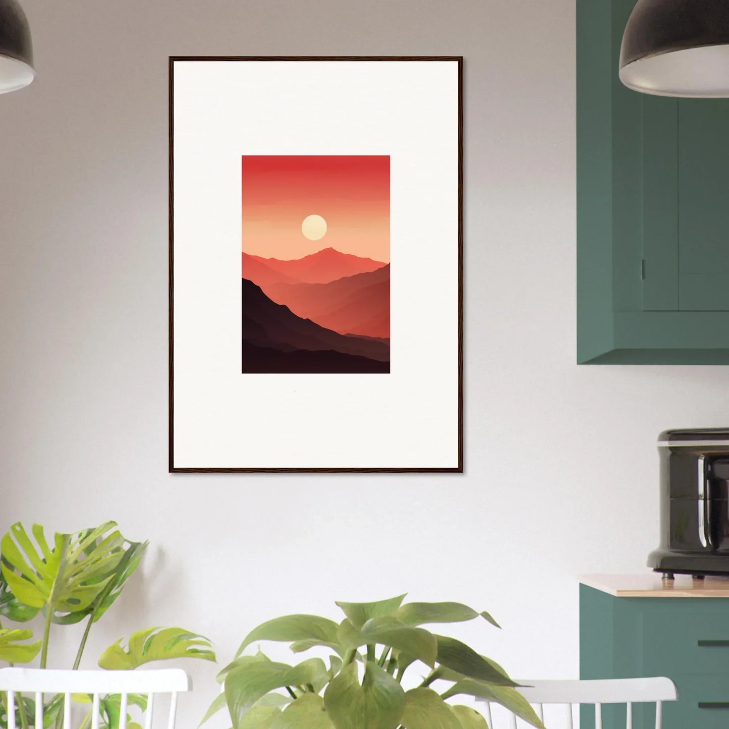 Framed canvas print of crimson vibrations at sunset over mountain silhouettes for room decoration