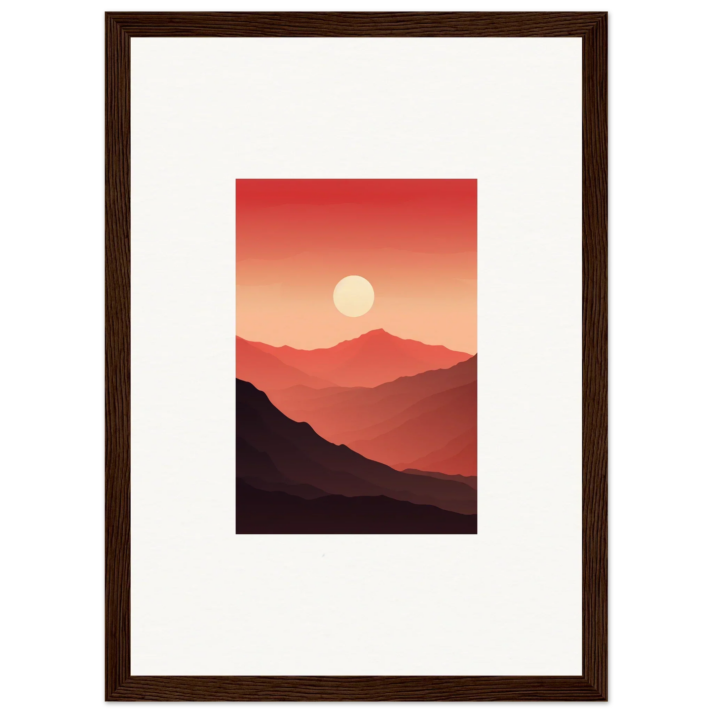 Framed sunset canvas print with crimson vibrations over mountain silhouettes for room decoration