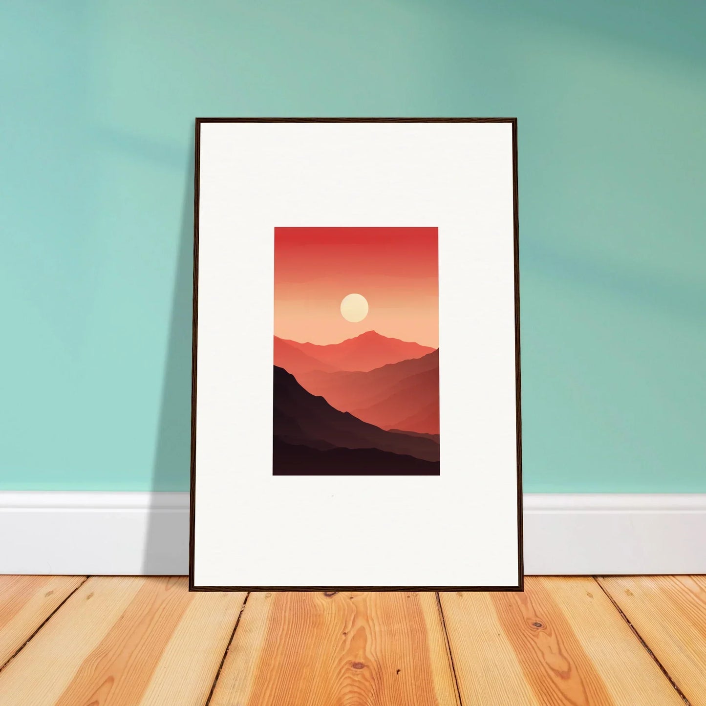 Framed canvas print of a sunset over mountains, perfect for room decoration and crimson vibrations