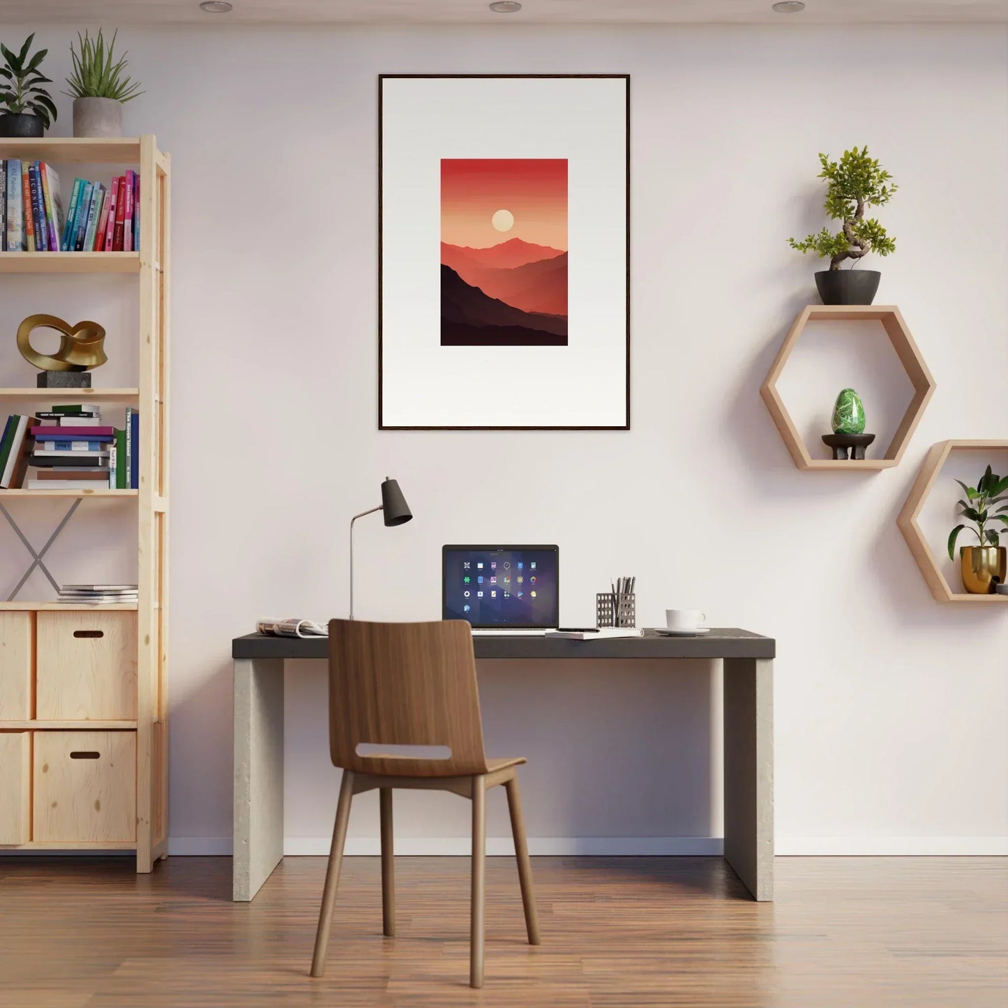Cozy home office setup with crimson vibrations and stylish wall decor elements