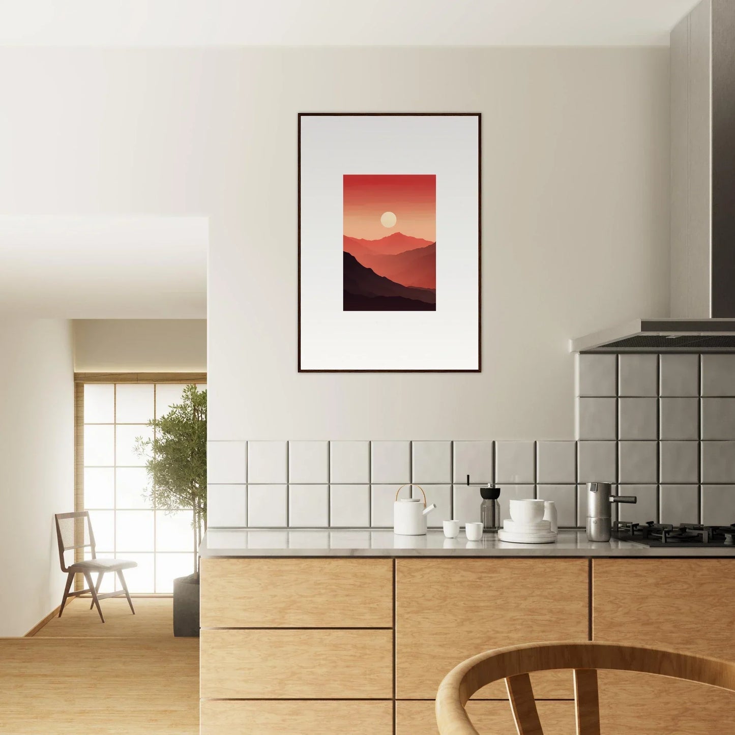 Framed canvas print of sunset with mountainous silhouettes for room decoration