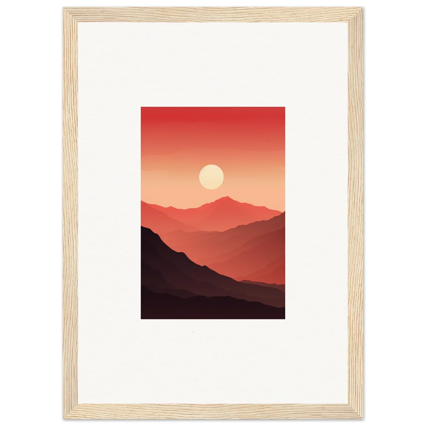 Framed canvas print of crimson vibrations at sunset over mountains, perfect room decoration