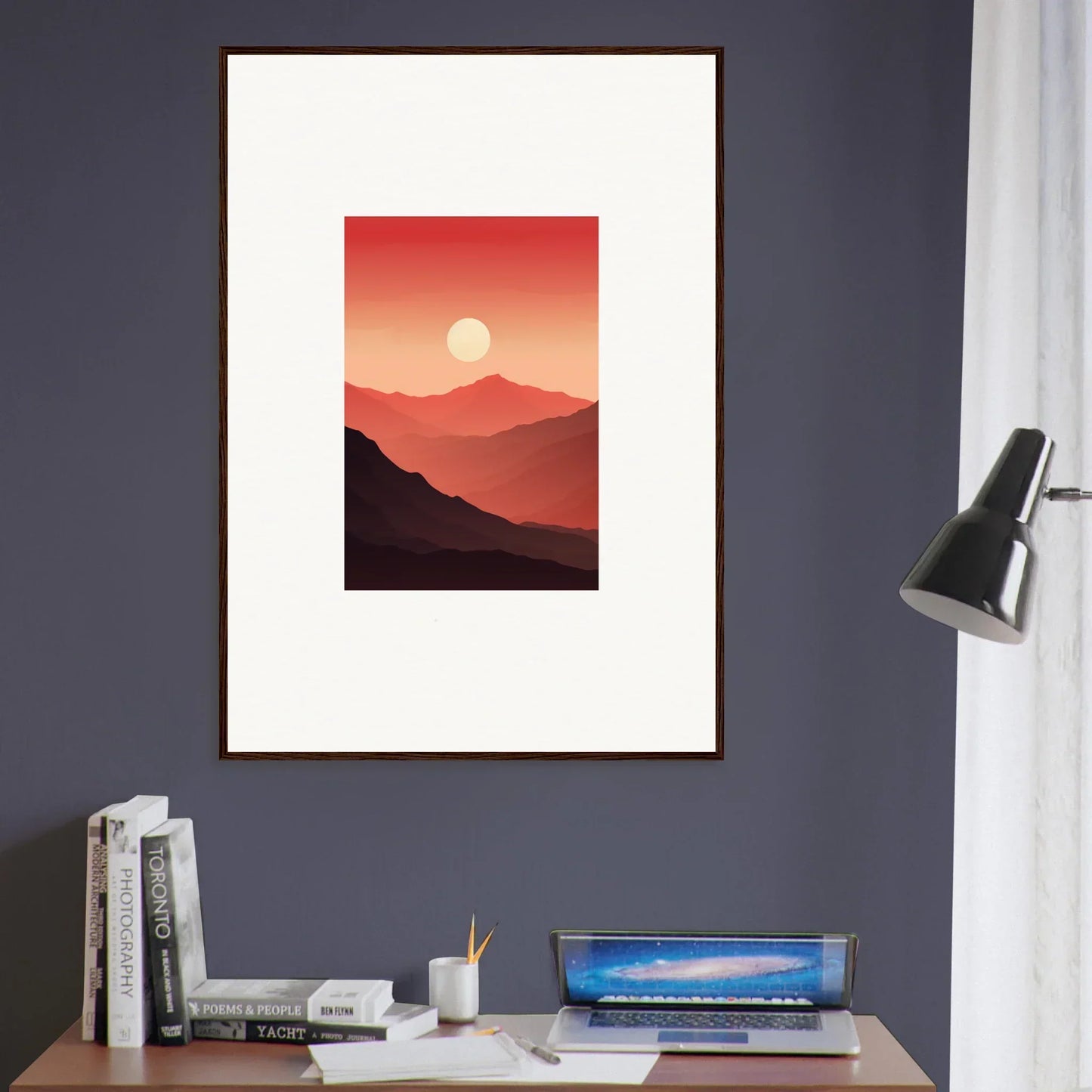 Framed canvas print of minimalist sunset landscape with crimson vibrations for room decoration