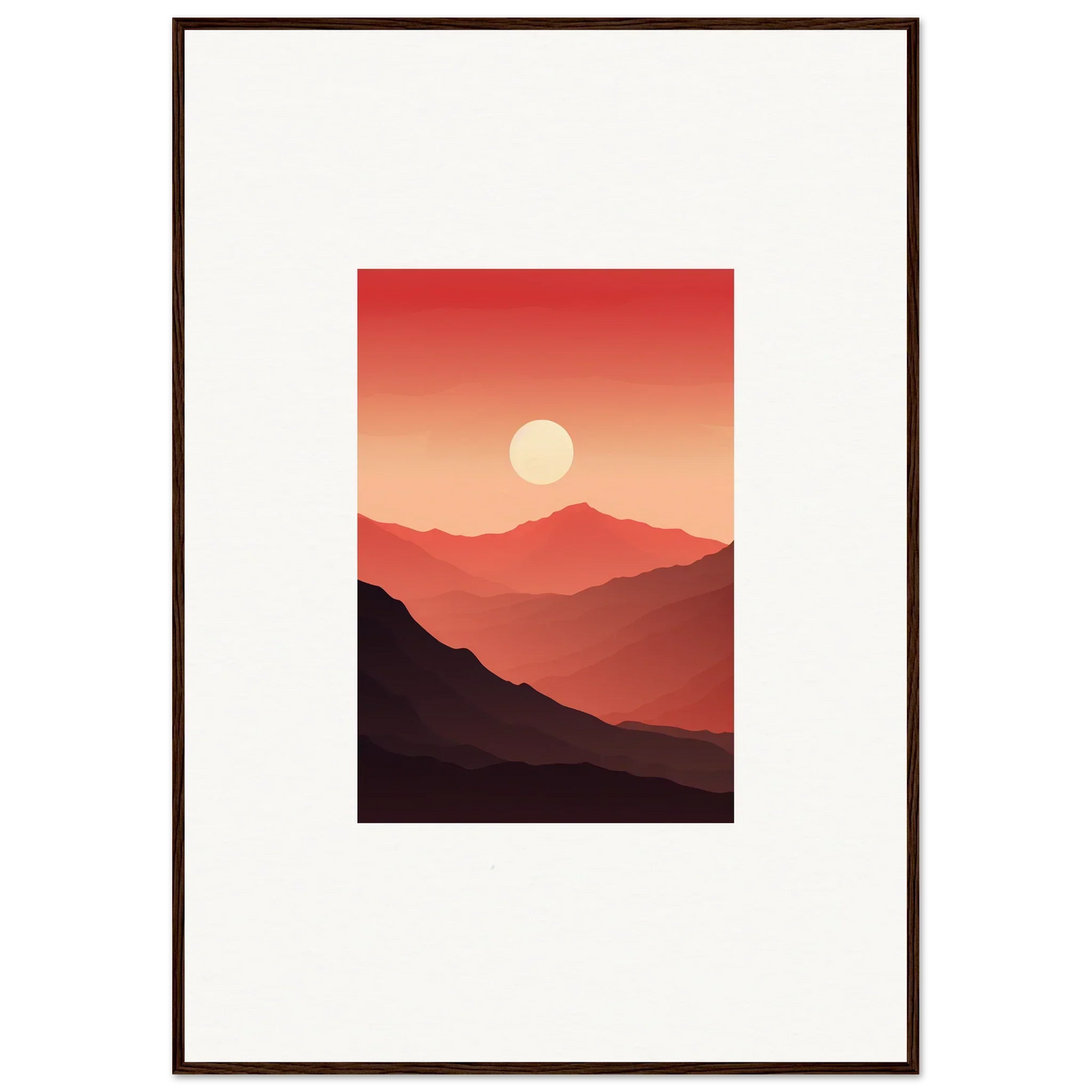 Framed canvas print of Mystic Crimson Vibrations sunset over mountains for chic room decoration