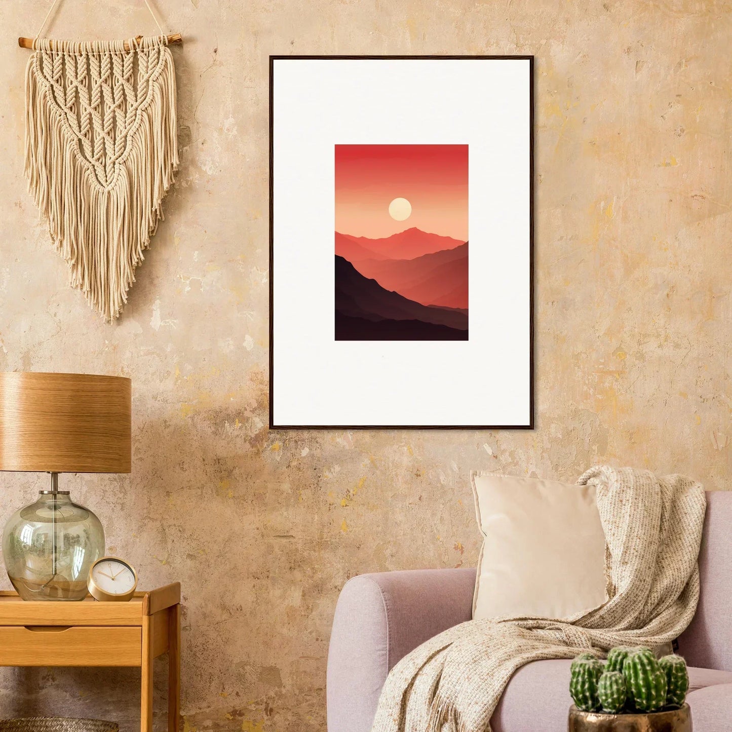 Framed canvas print of Mystic Crimson Vibrations, featuring a stunning sunset and full moon