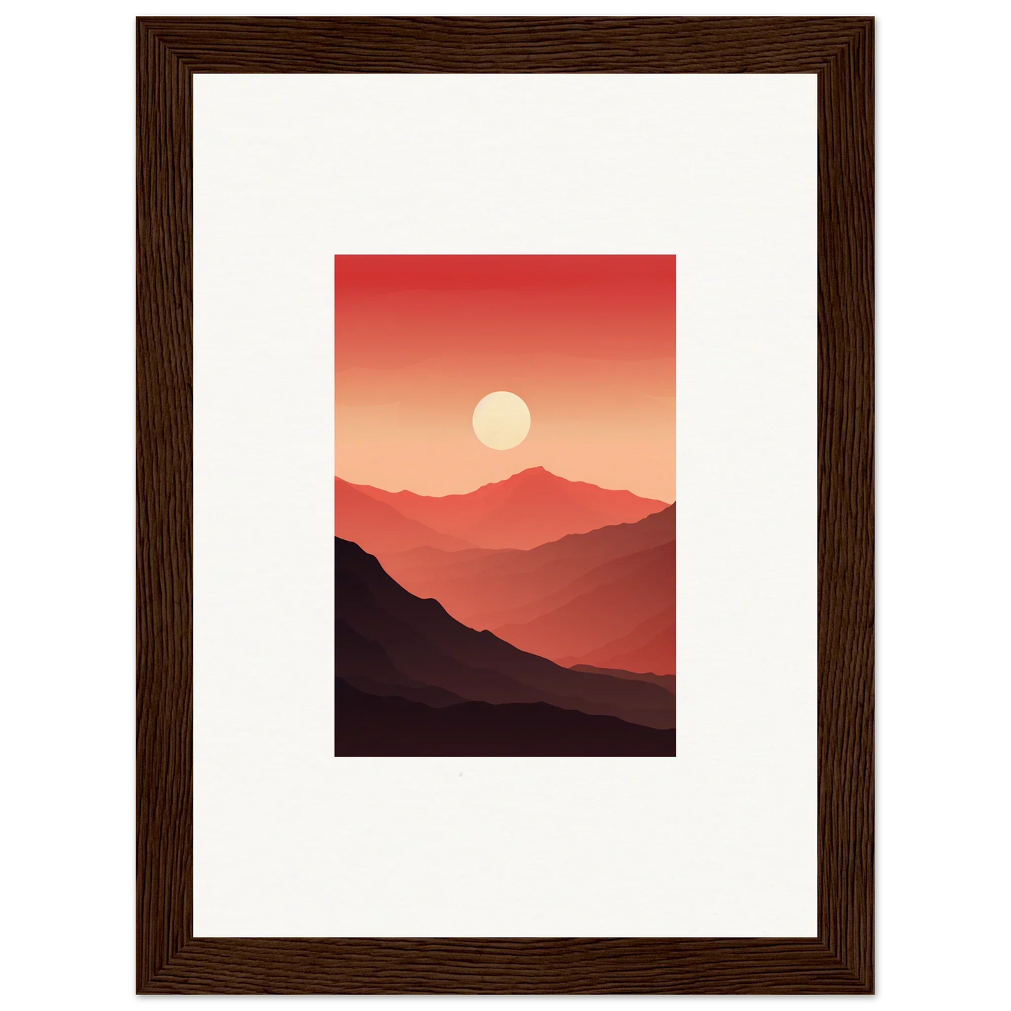 Framed canvas print of Crimson Vibrations sunset over mountains for room decoration