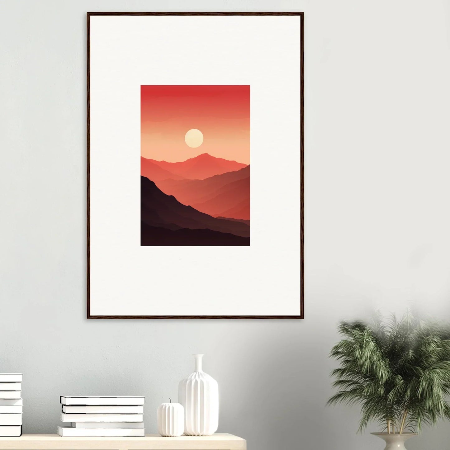 Framed canvas print of a minimalist mountain sunset for stunning room decoration