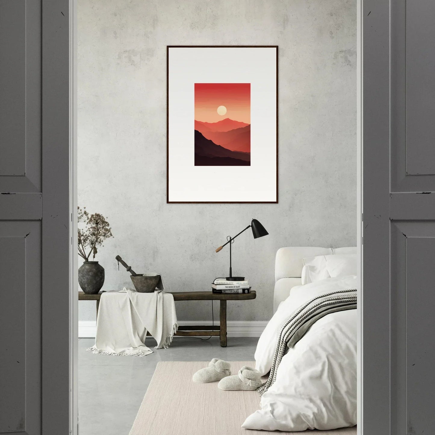 Framed canvas print of crimson vibrations sunset over mountains with a full moon