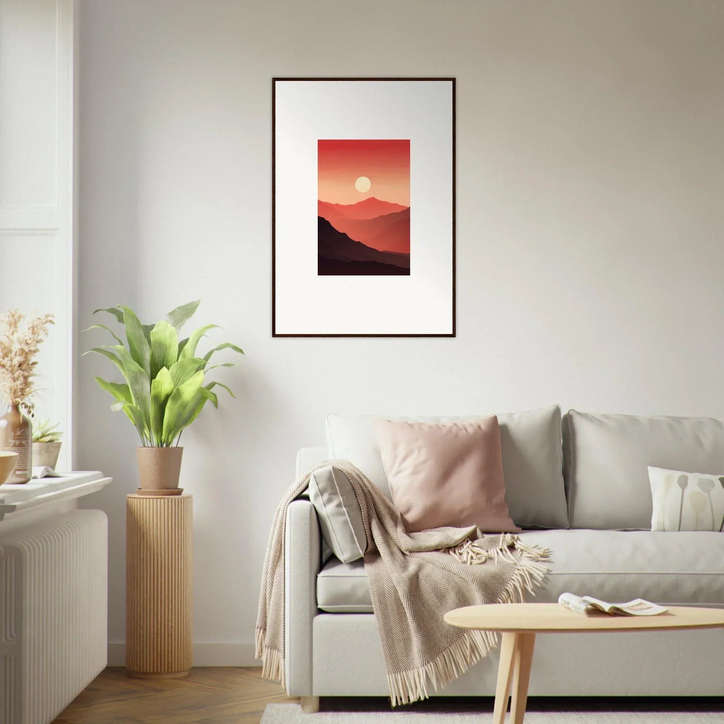 Framed canvas print of a sunset over mountains, perfect for room decoration with crimson vibrations