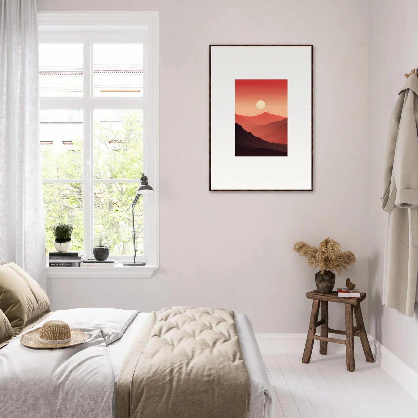 Framed canvas print of crimson vibrations sunset over mountains for cozy room decoration