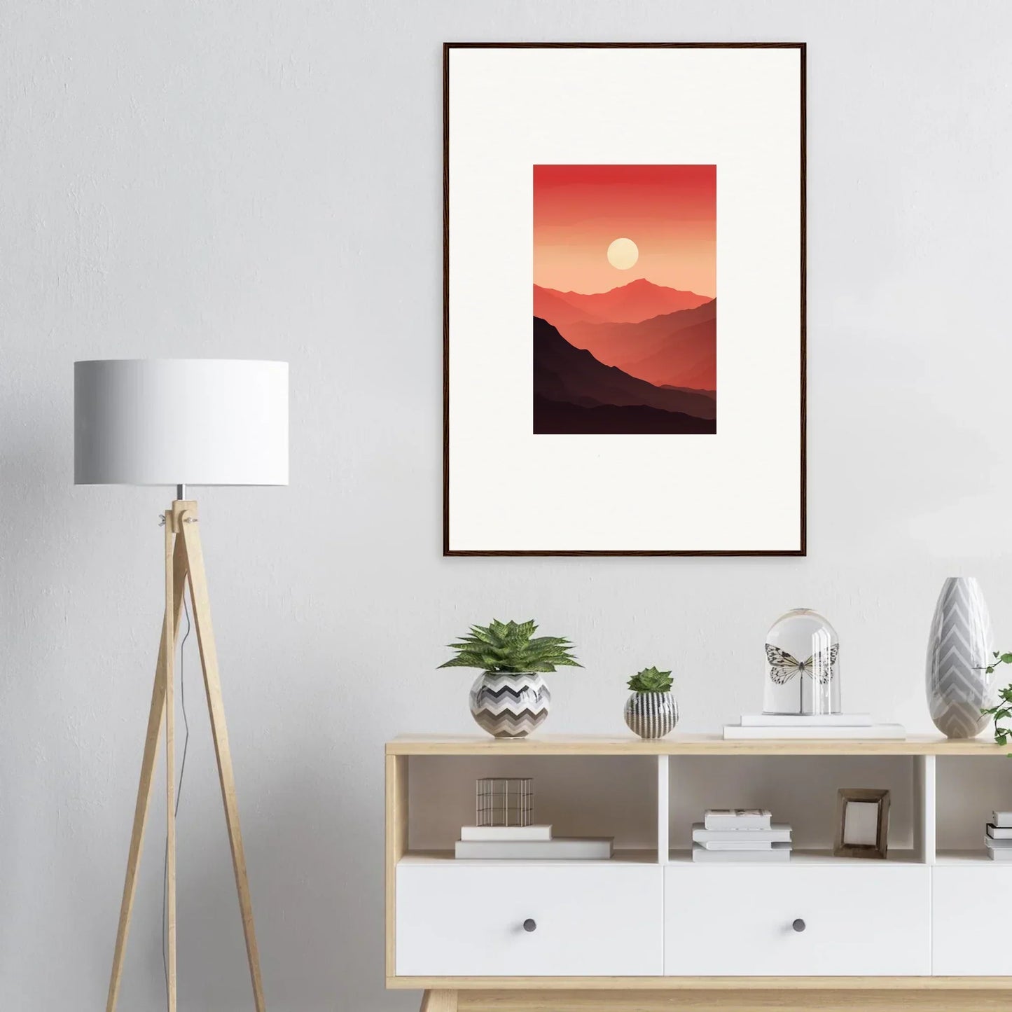 Framed canvas print of Mystic Crimson Vibrations sunset over mountains for room decoration