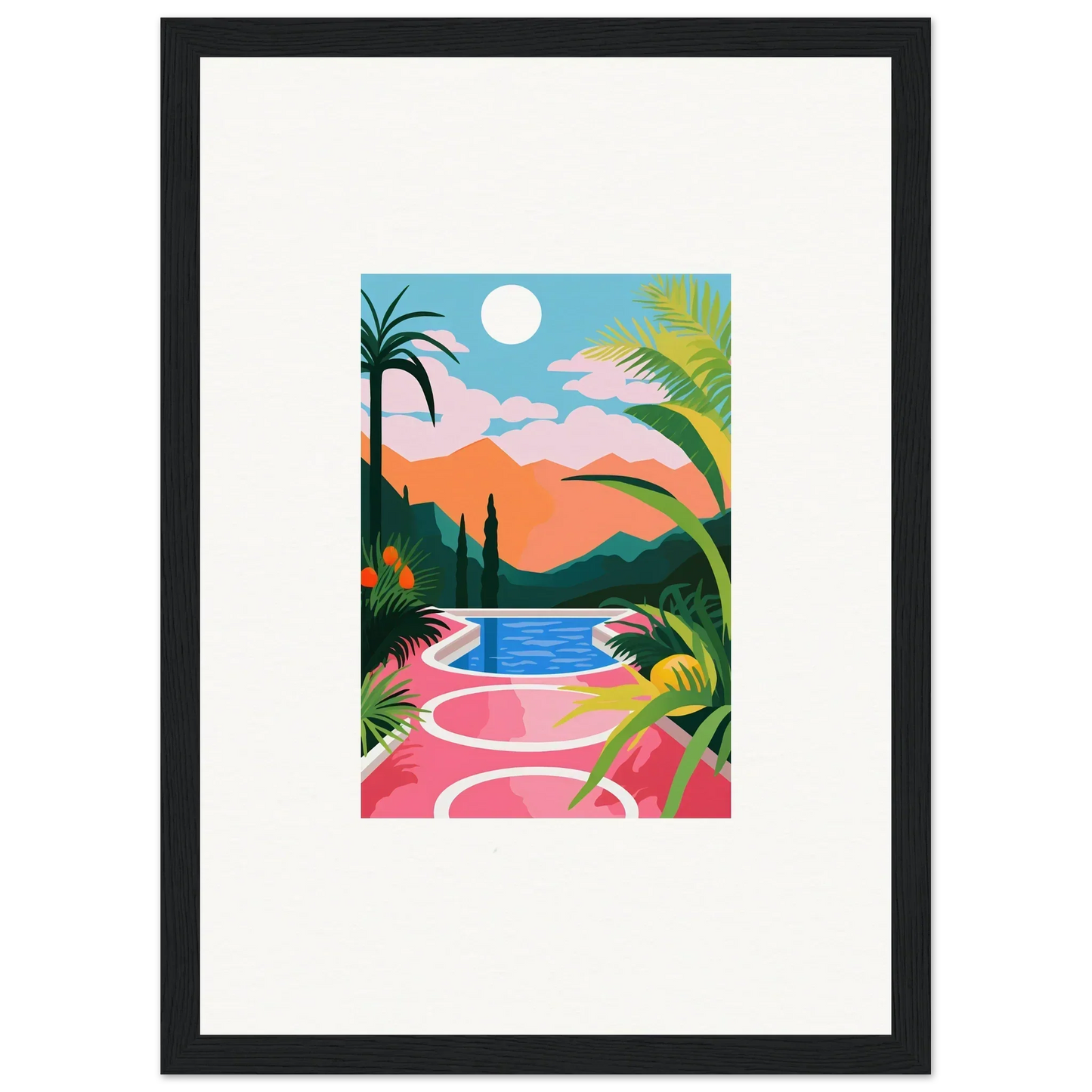 Colorful tropical landscape painting for room decoration, featuring sunset epiphany vibes