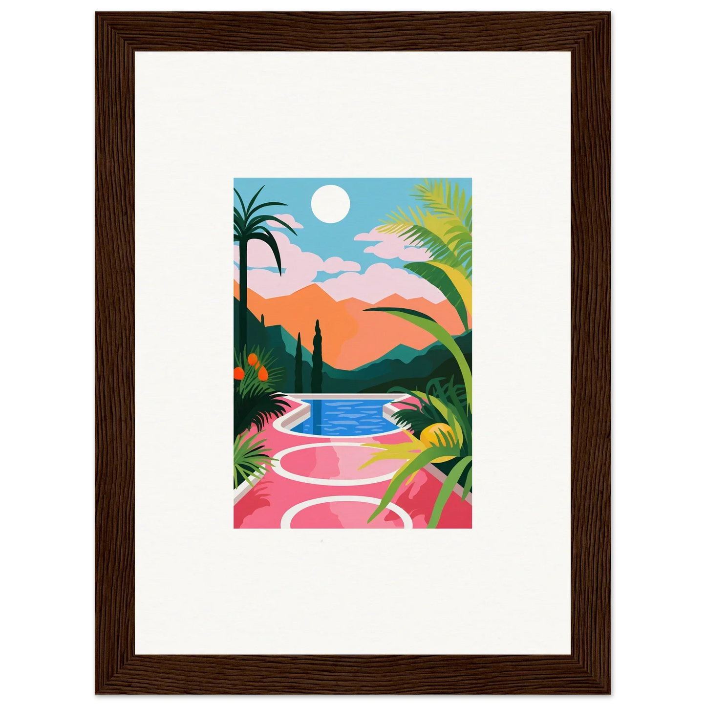 Colorful tropical painting with palm trees and mountains, perfect for Room Decoration