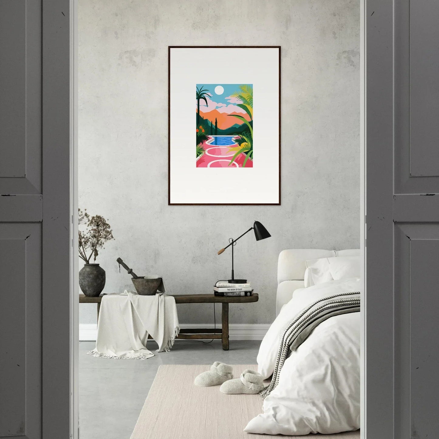 Colorful tropical landscape painting in a wooden frame for room decoration with Sunset Epiphany