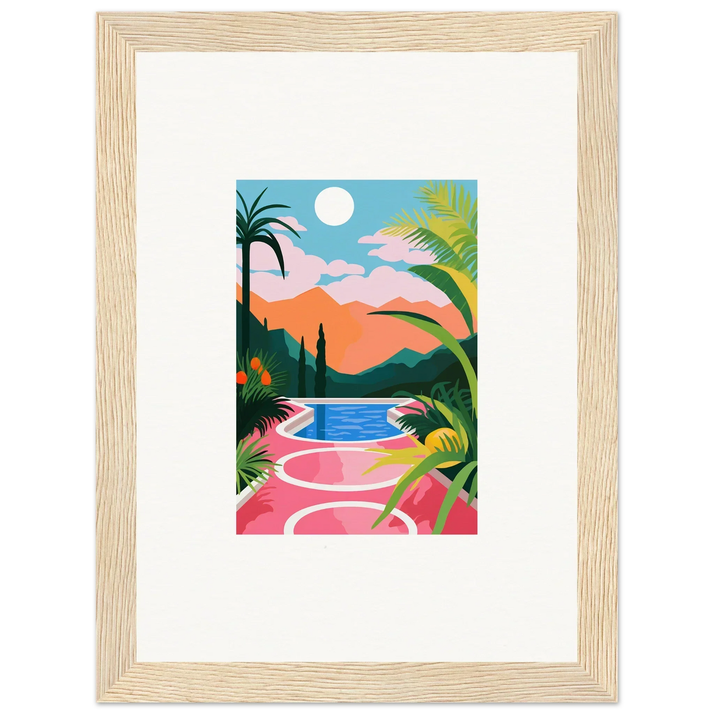 Colorful tropical landscape painting in a light wooden frame for room decoration