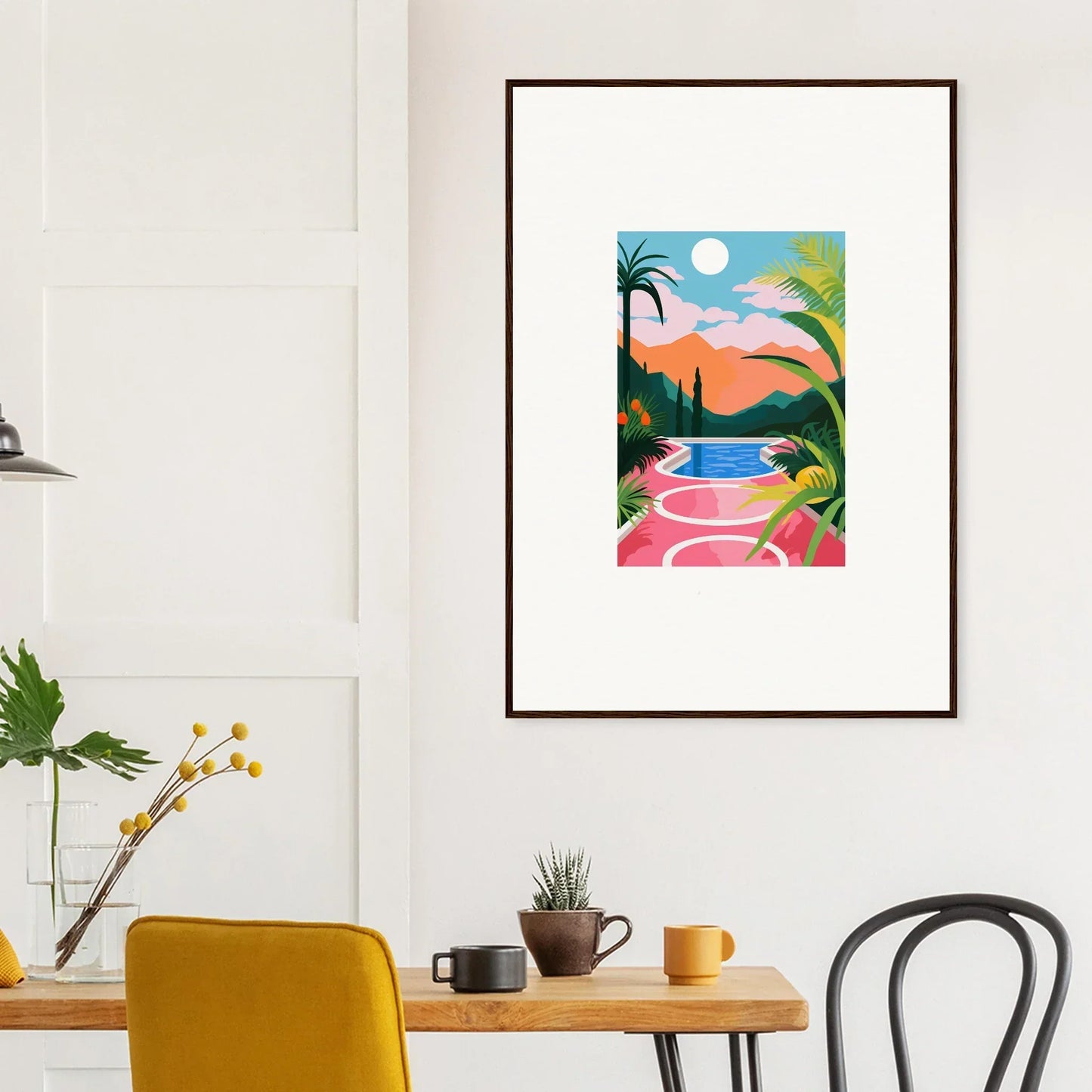 Framed canvas print of Mystic Sunset Epiphany, tropical pool and palm trees scene