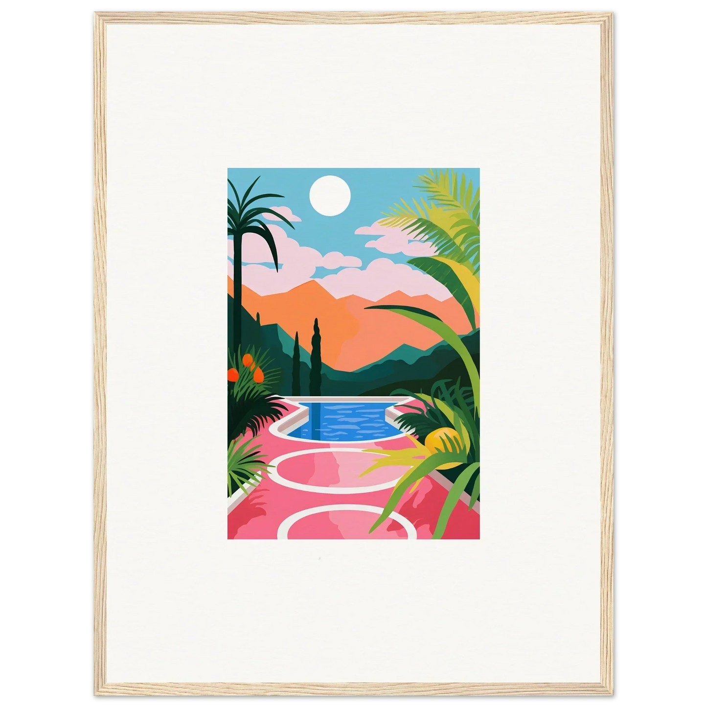 Colorful canvas print of Sunset Epiphany with palm trees, mountains, and a pink path