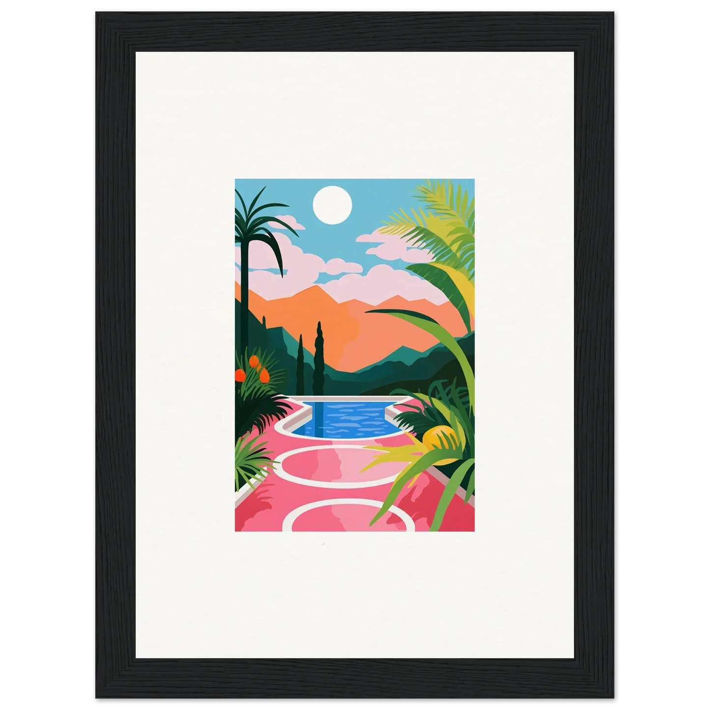 Colorful tropical landscape painting framed in black for a stunning room decoration