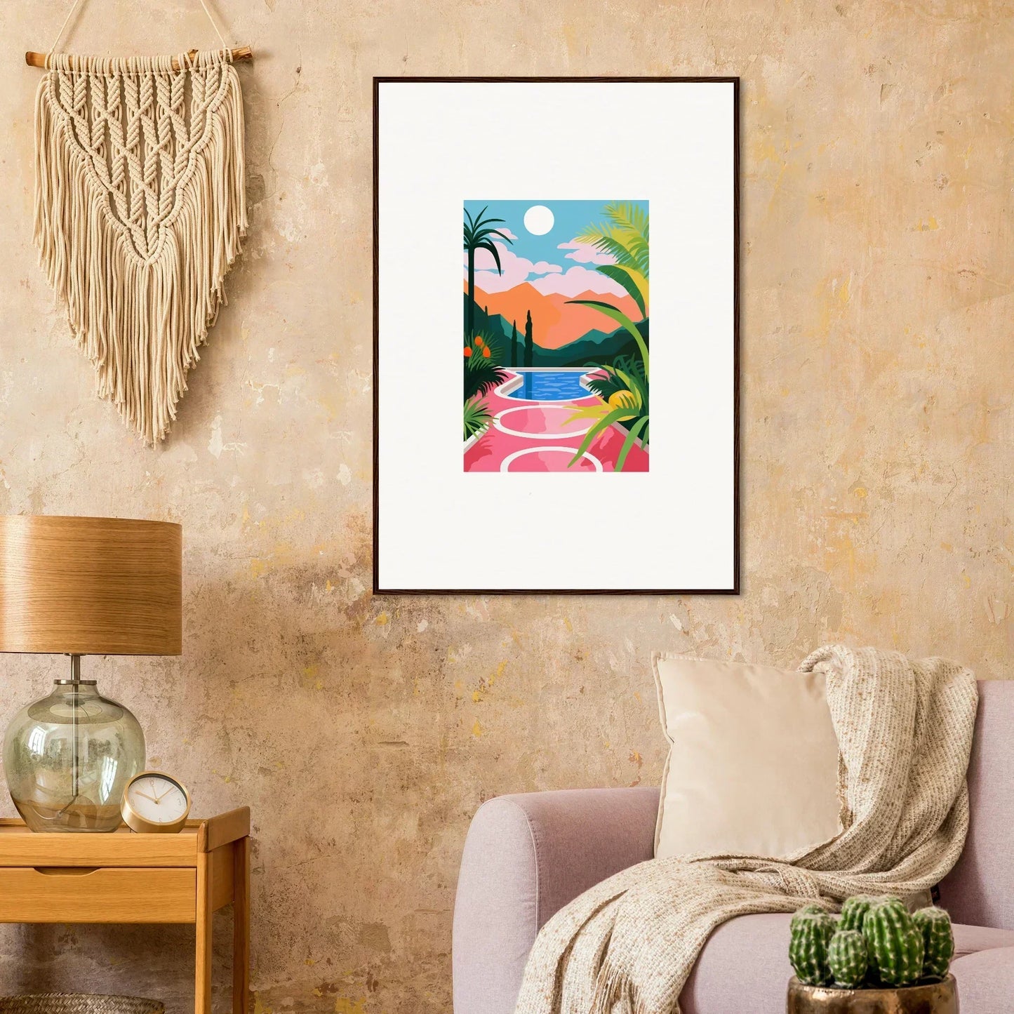 Colorful canvas print of a tropical poolside sunset epiphany for stylish room decoration