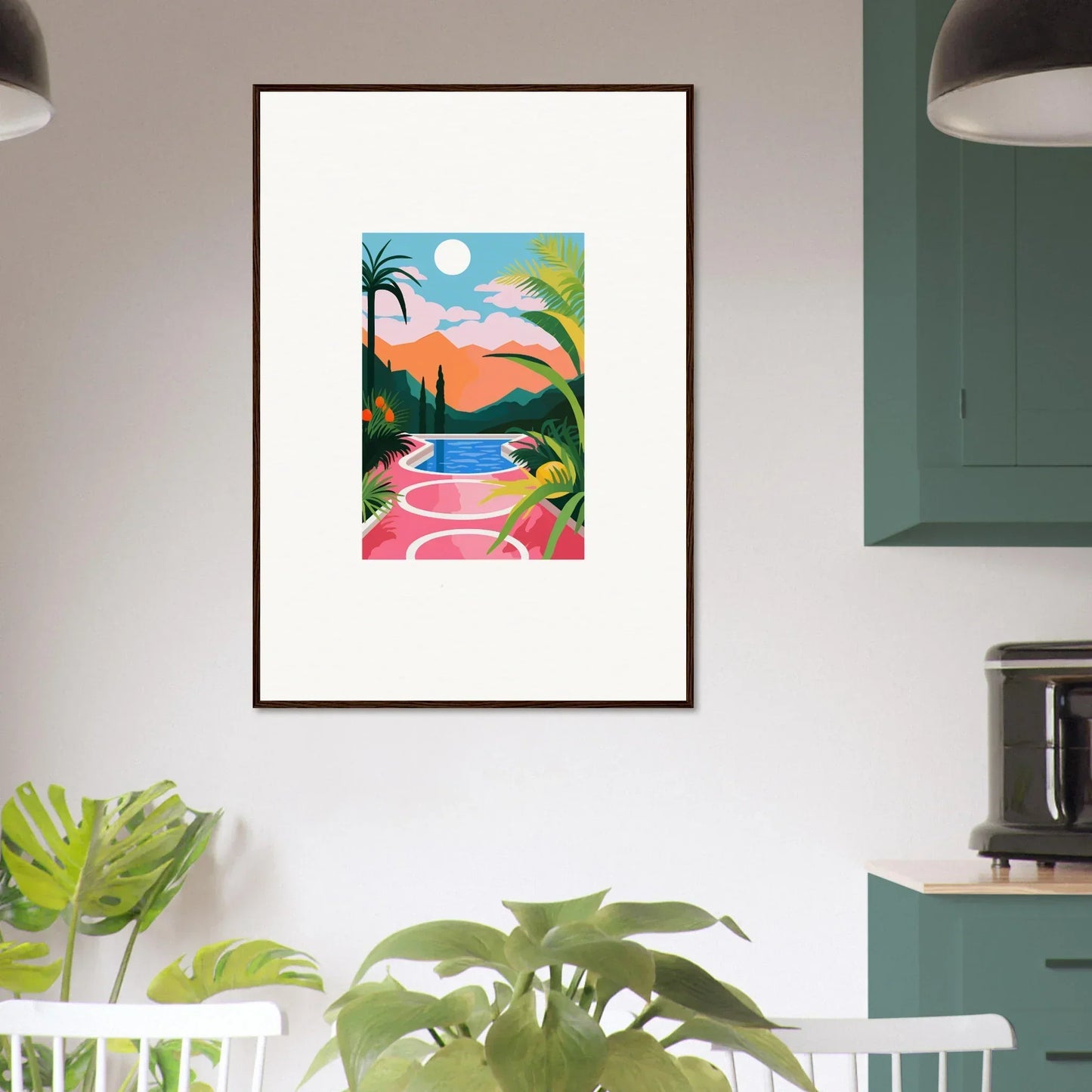 Colorful tropical landscape canvas print with palm trees for sunset epiphany room decoration