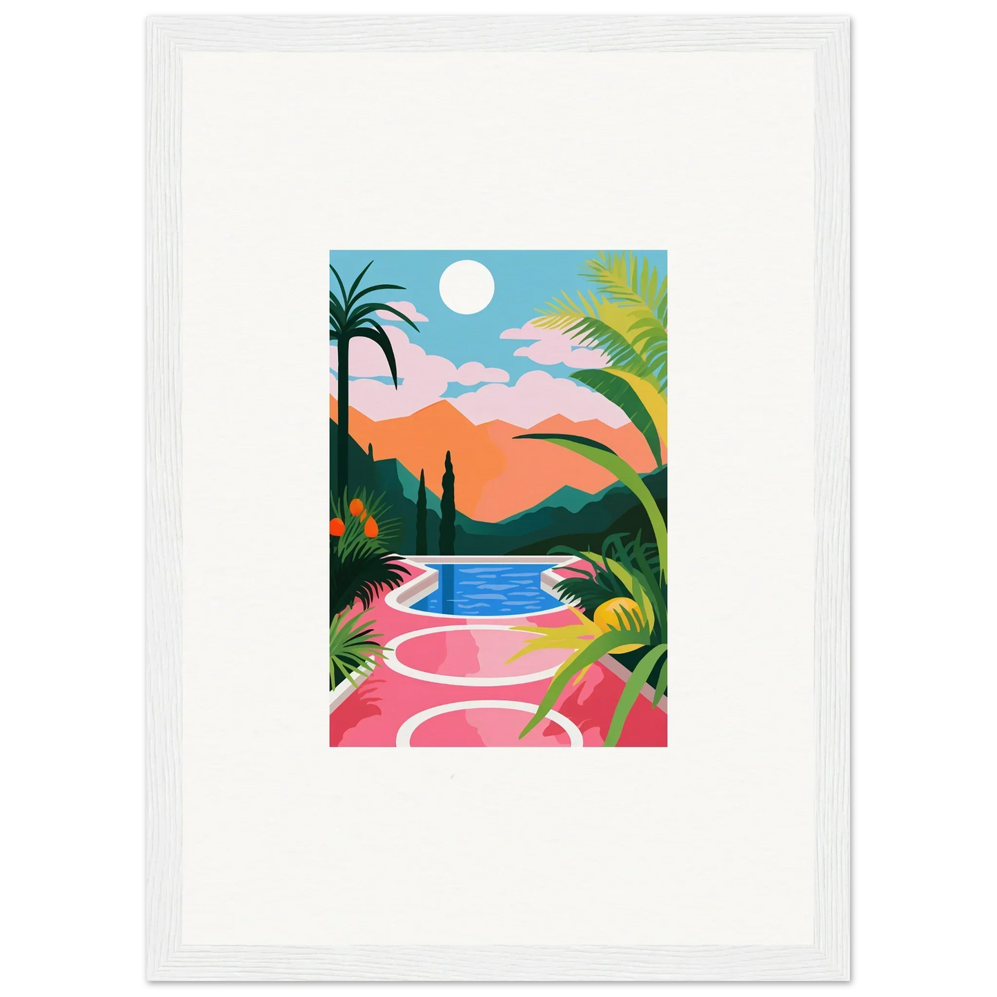 Colorful sunset epiphany canvas print with palm trees and a winding pink path