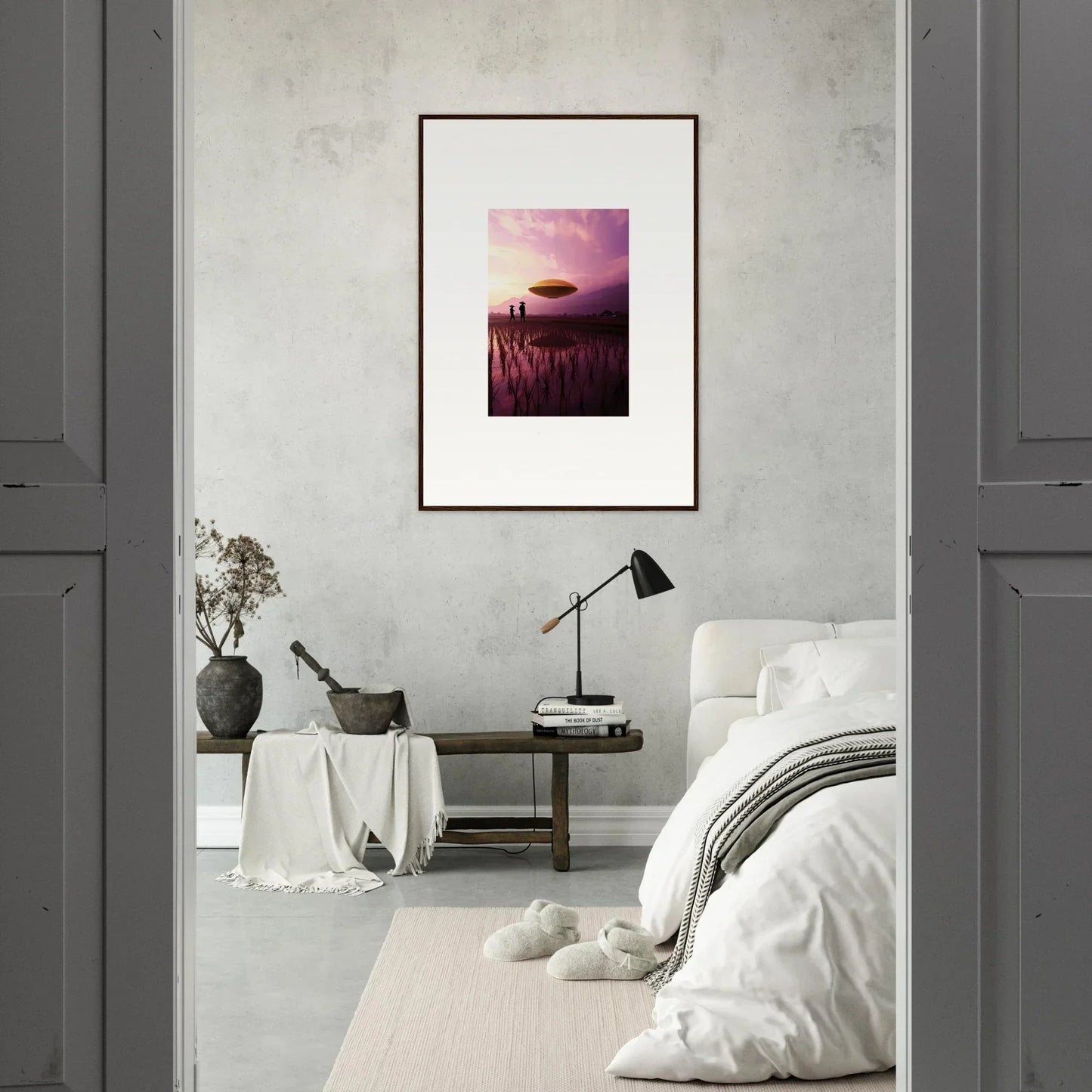 Framed canvas print of Violet Dreaming sunset over lake with reeds, perfect room decoration