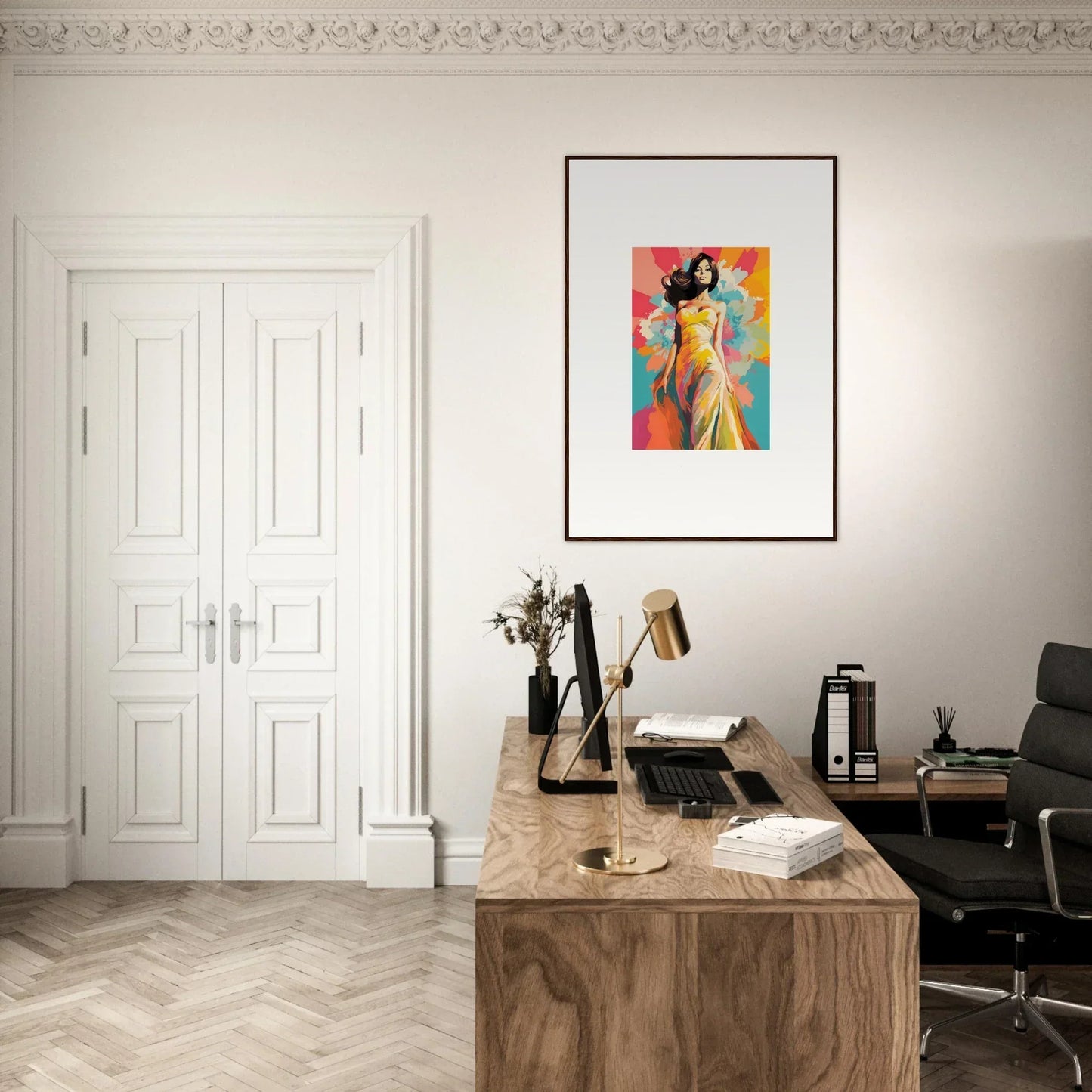 Wooden desk with a vintage typewriter and Nebulae Beauty Ascends artwork above