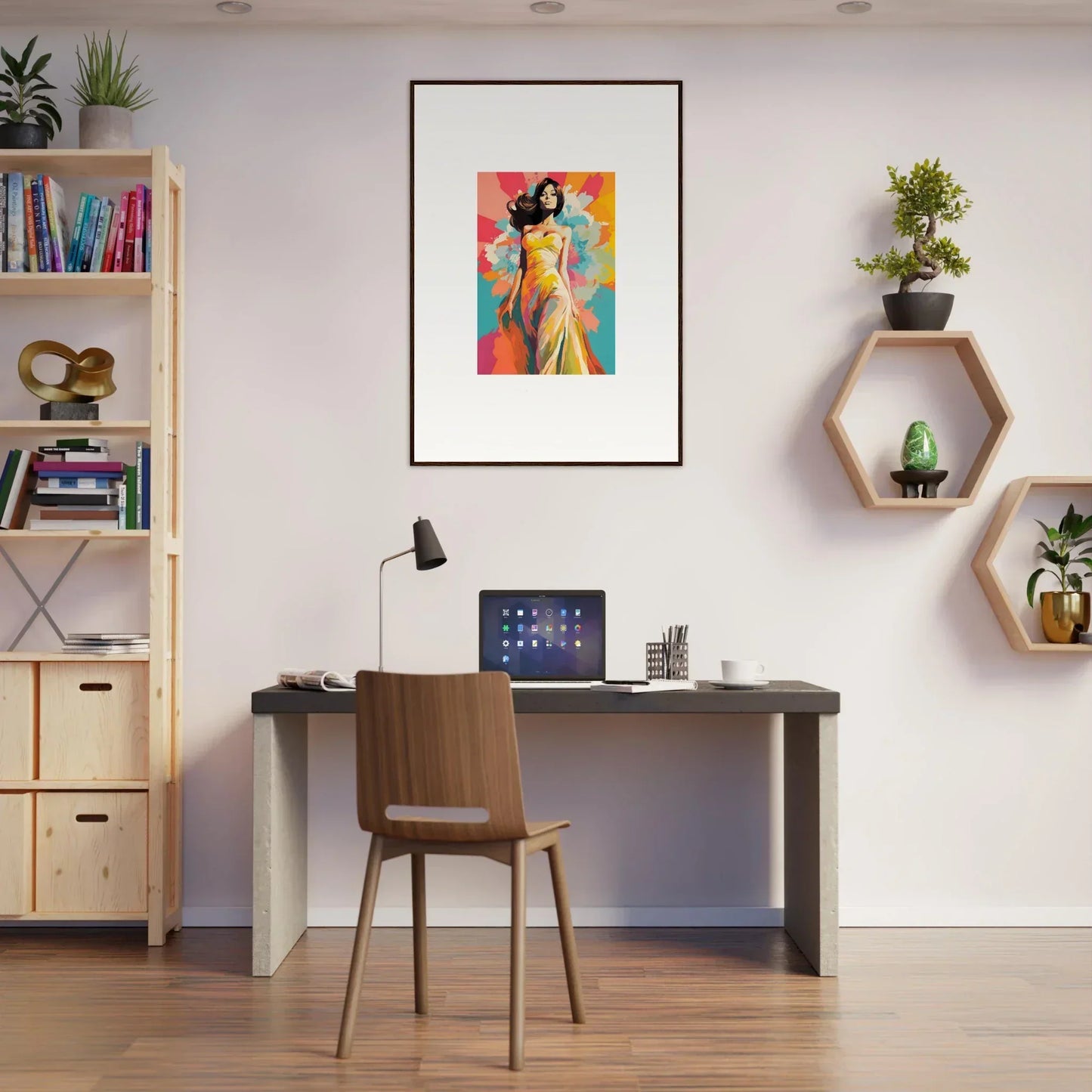 Modern home office with dark desk and wall shelves featuring Nebulae Beauty Ascends