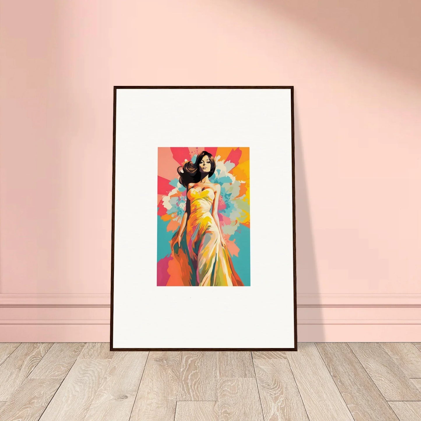 Framed art of a figure in a yellow sari with abstract colors, Nebulae Beauty Ascends