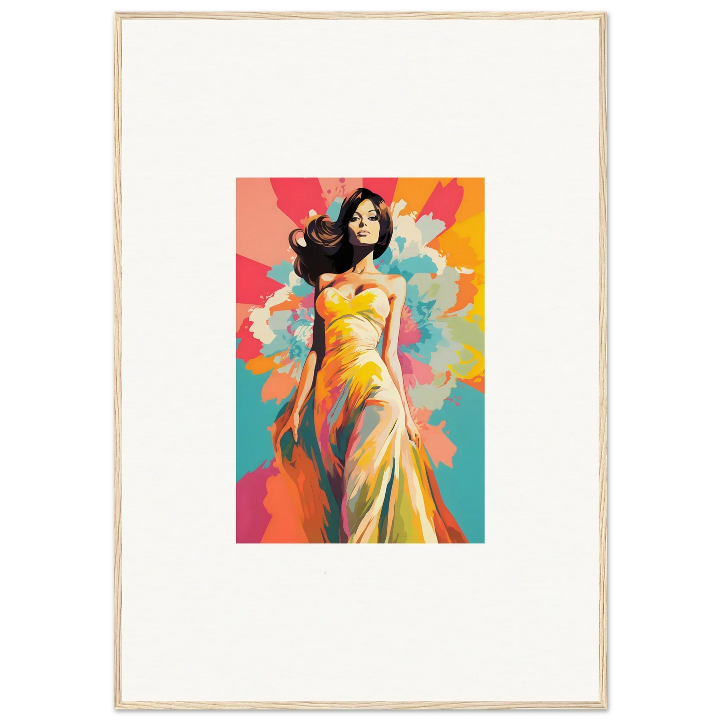 Colorful woman in yellow dress with vibrant splashes for Nebulae Beauty Ascends art™
