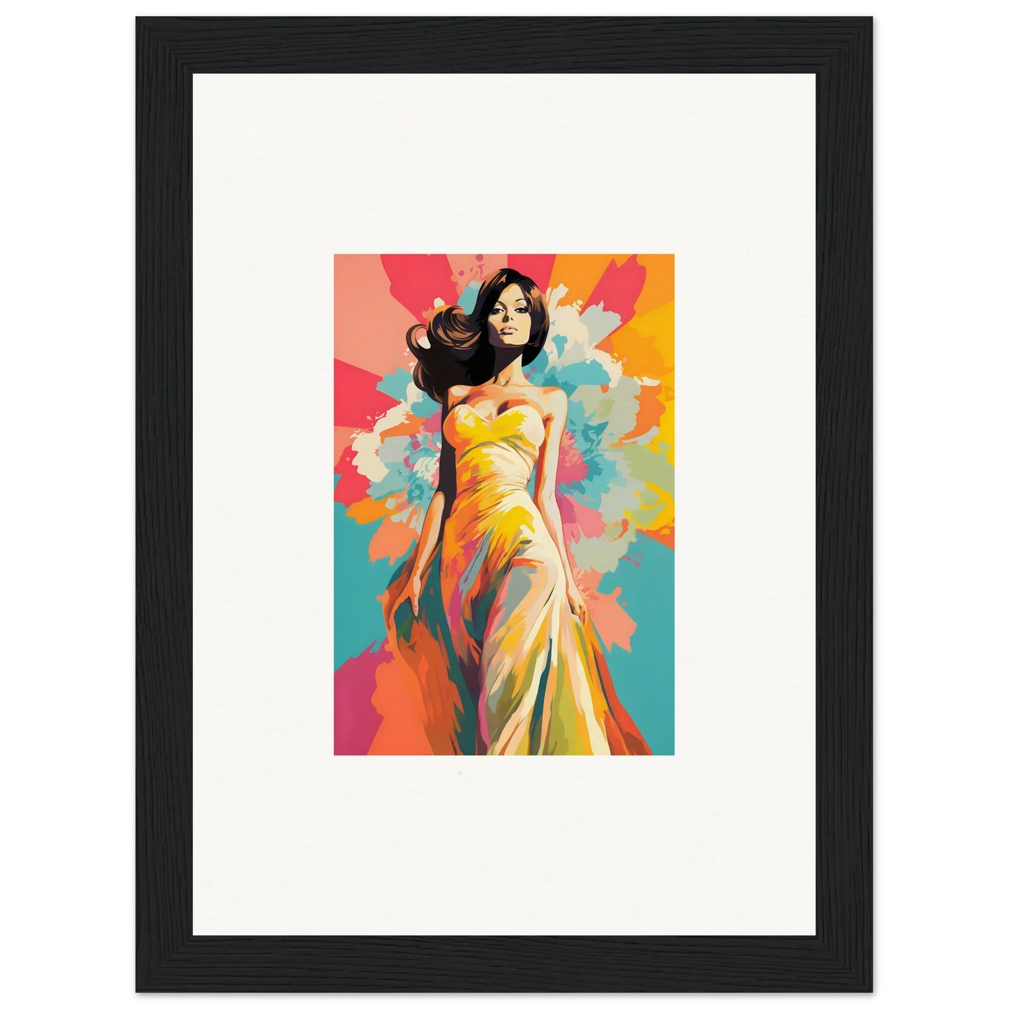 Colorful fashion illustration of a figure in a yellow gown, Nebulae Beauty Ascends