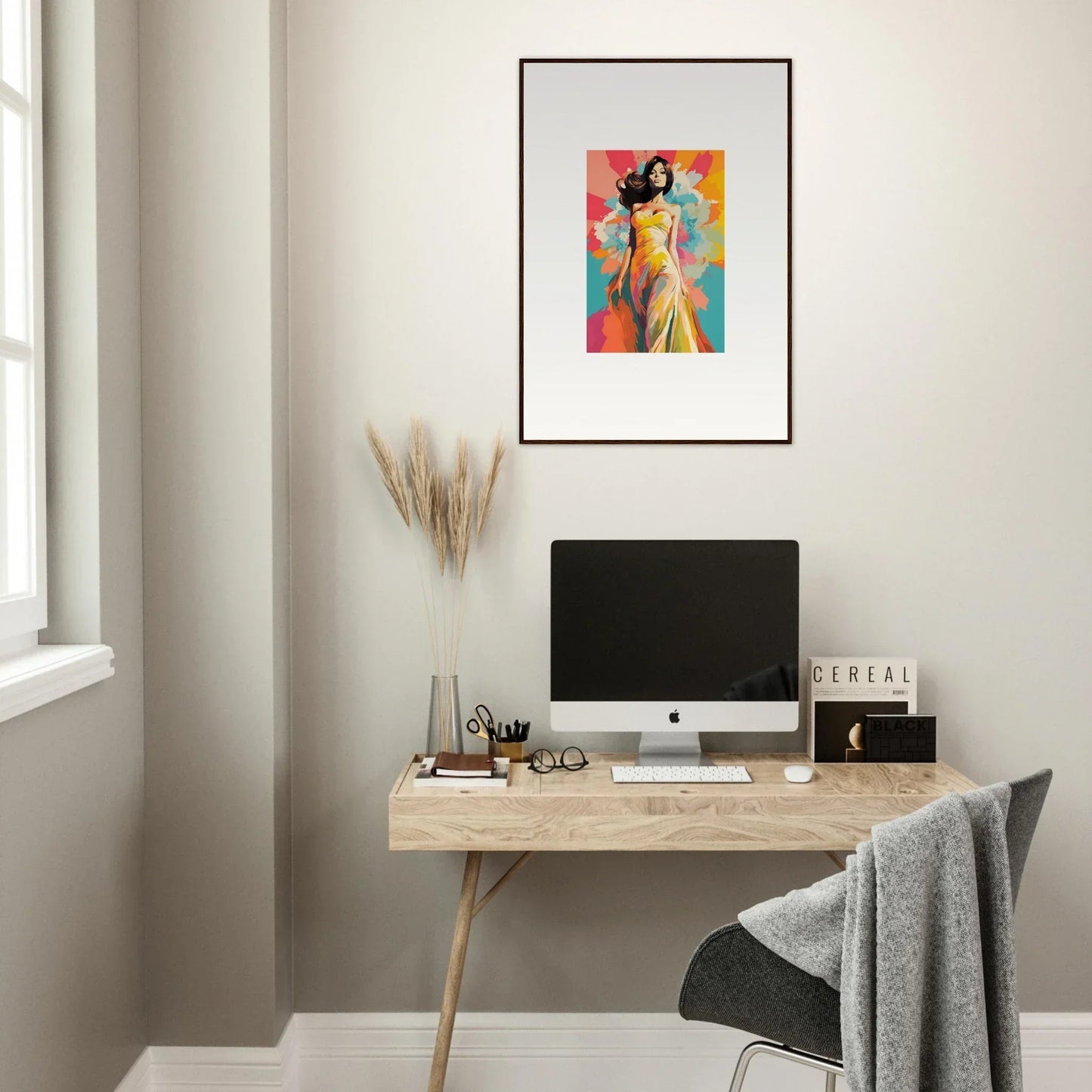 Simple wooden desk with iMac, showcasing Nebulae Beauty Ascends special edition art™