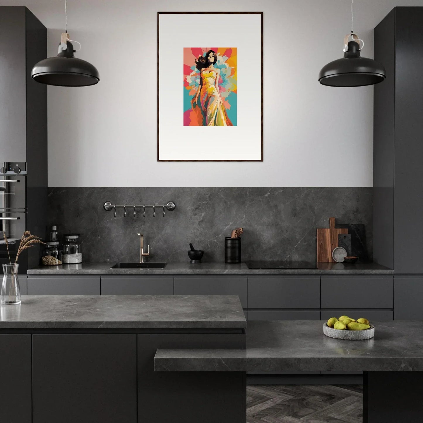 Modern dark gray kitchen with industrial lights and colorful Nebulae Beauty Ascends art