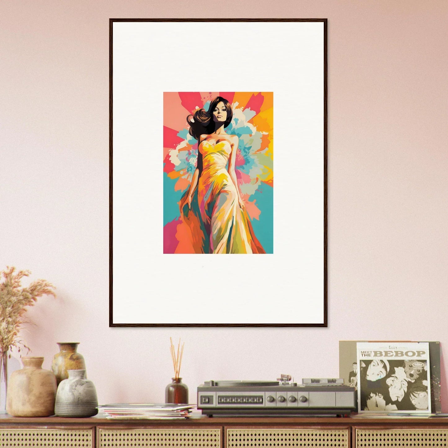 Framed Nebulae Beauty Ascends art of a woman in yellow dress on colorful abstract backdrop