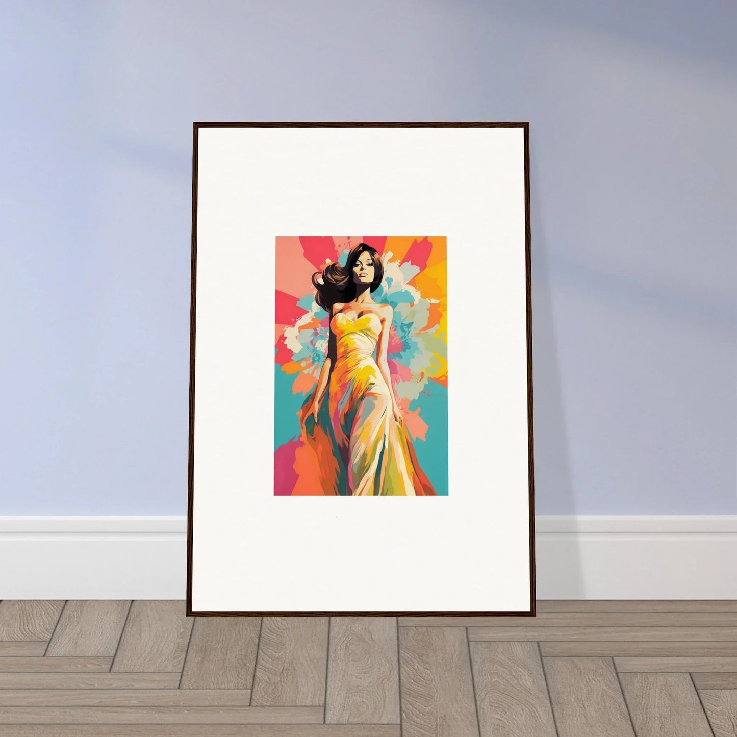 Framed Nebulae Beauty Ascends art with colorful fashion illustration in yellow dress