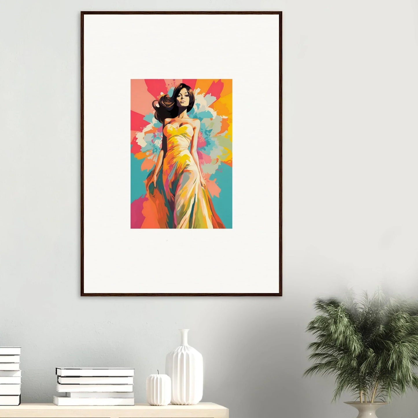 Framed art of a woman in a yellow dress, Nebulae Beauty Ascends special edition art™