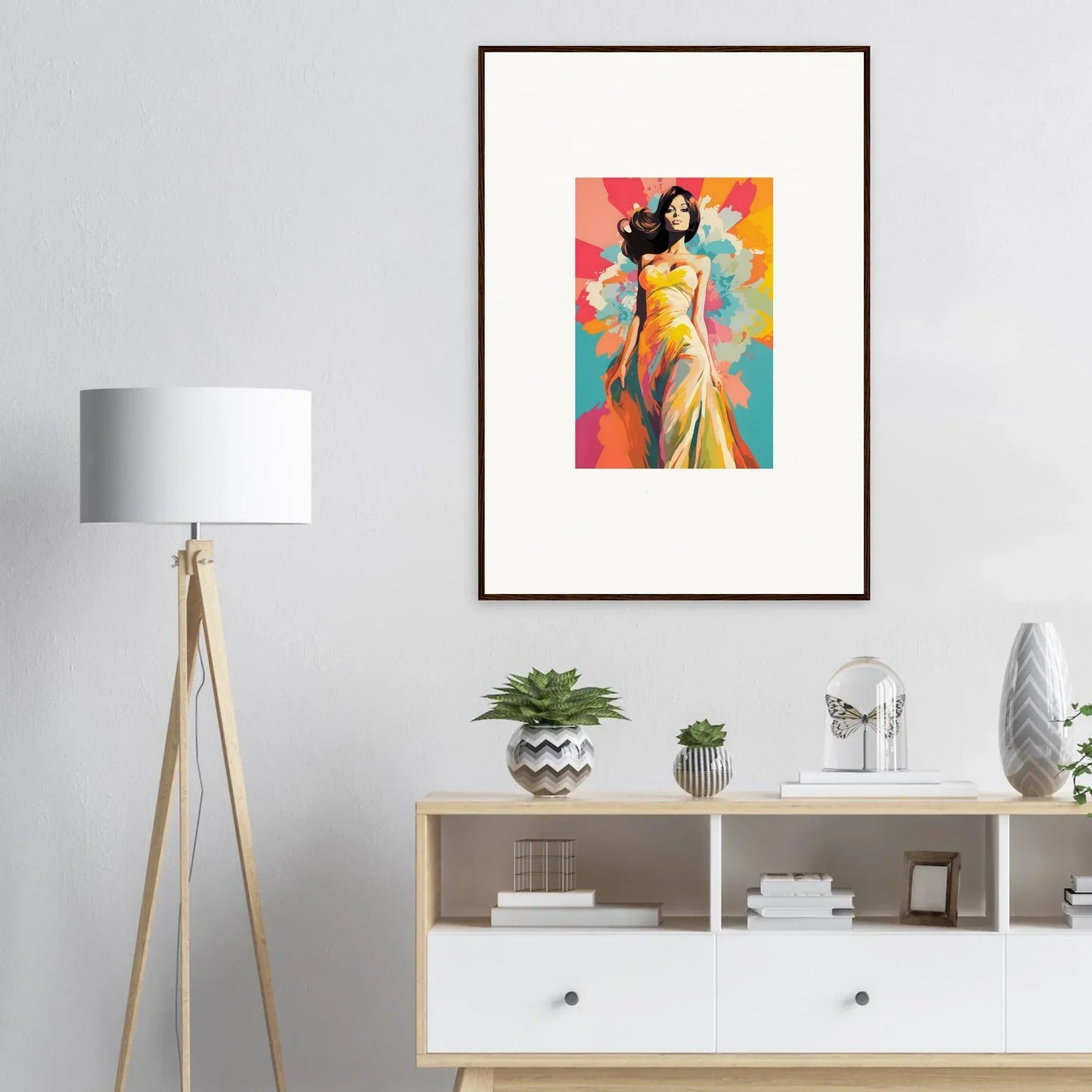 Framed colorful art featuring a figure in a yellow dress from Nebulae Beauty Ascends