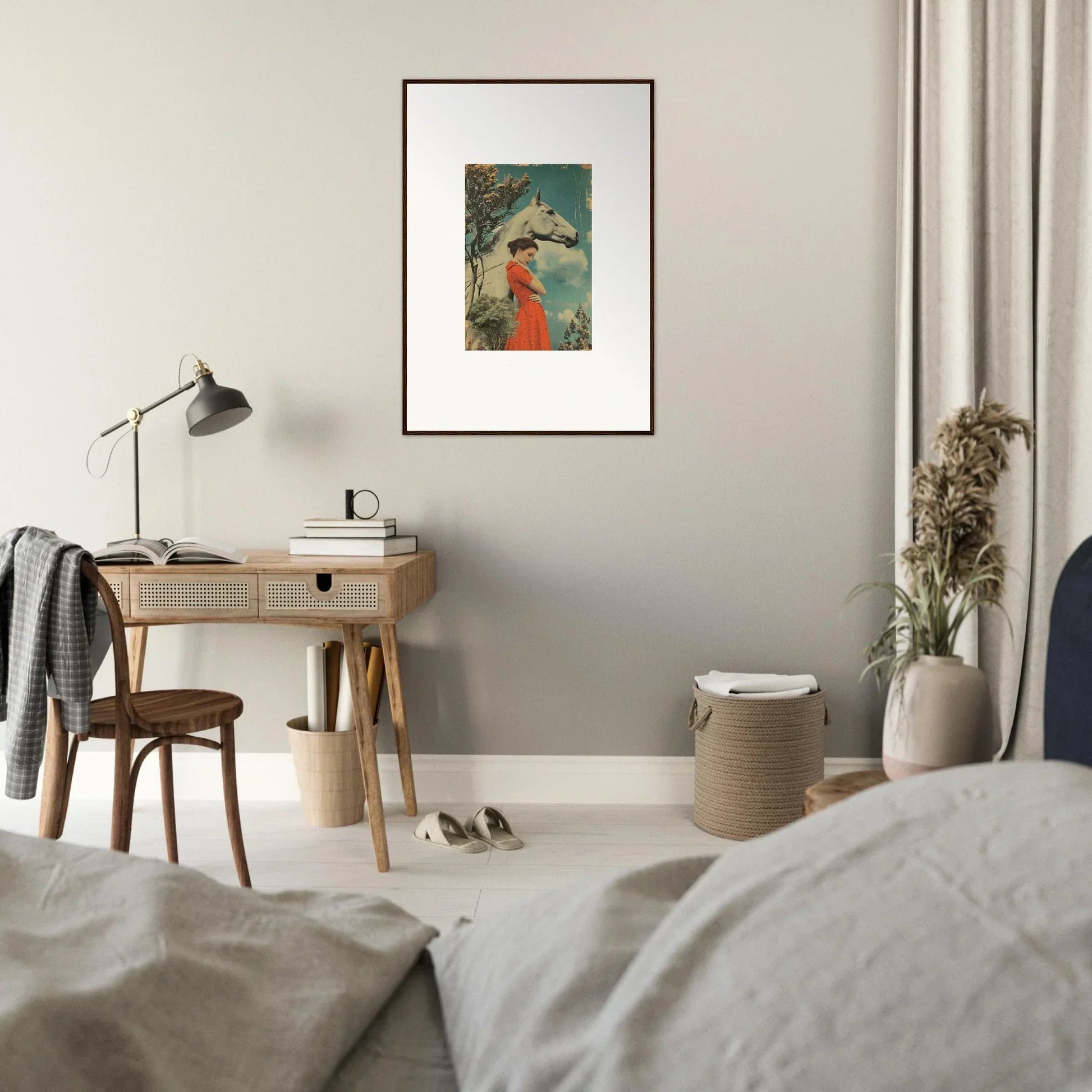 Framed artwork of a figure in a red dress near a bird, Nebulous Equus Whisper design