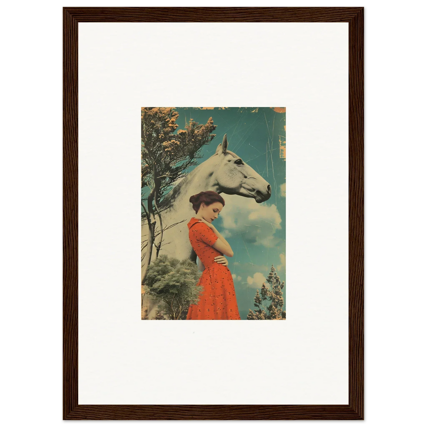 Framed vintage artwork of a woman in a red dress next to a horse’s head, Nebulous Equus Whisper