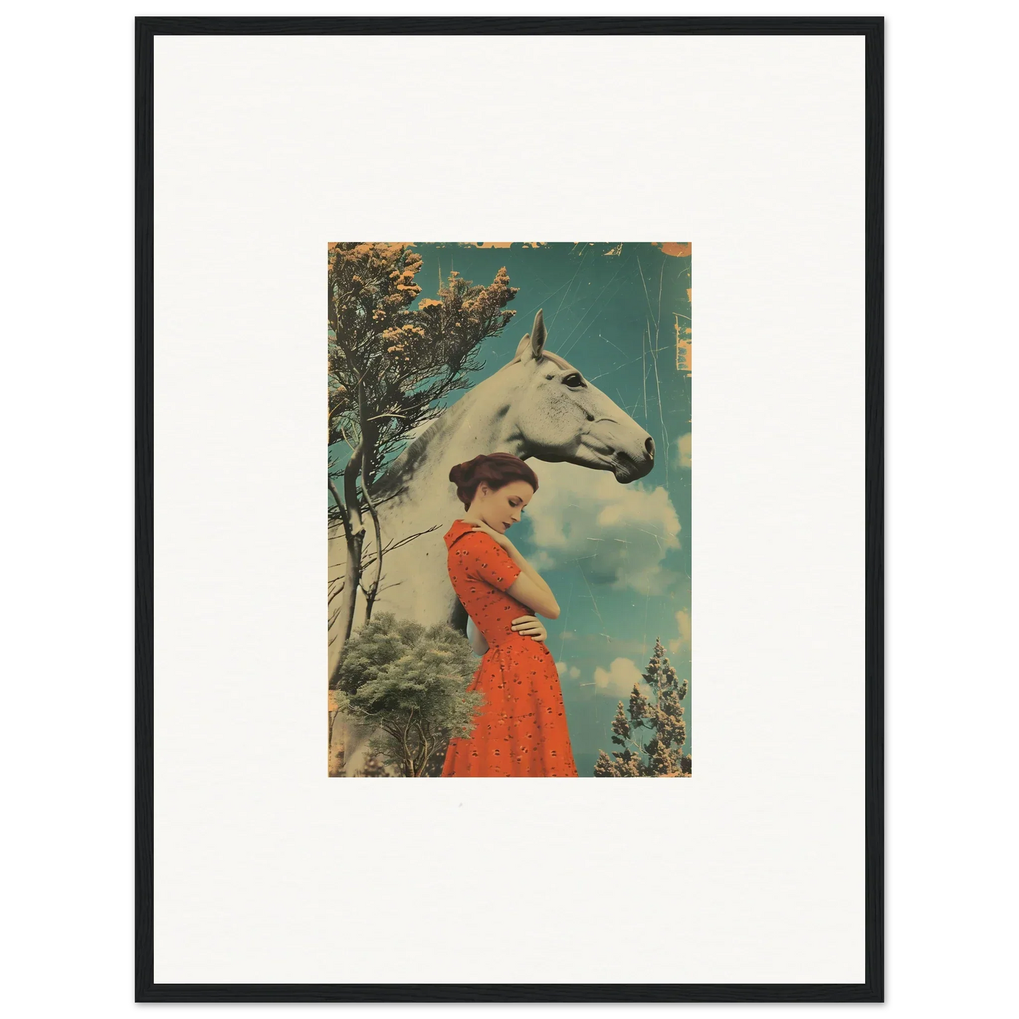 Framed vintage art of a woman in a red dress beside a horse head, Nebulous Equus Whisper