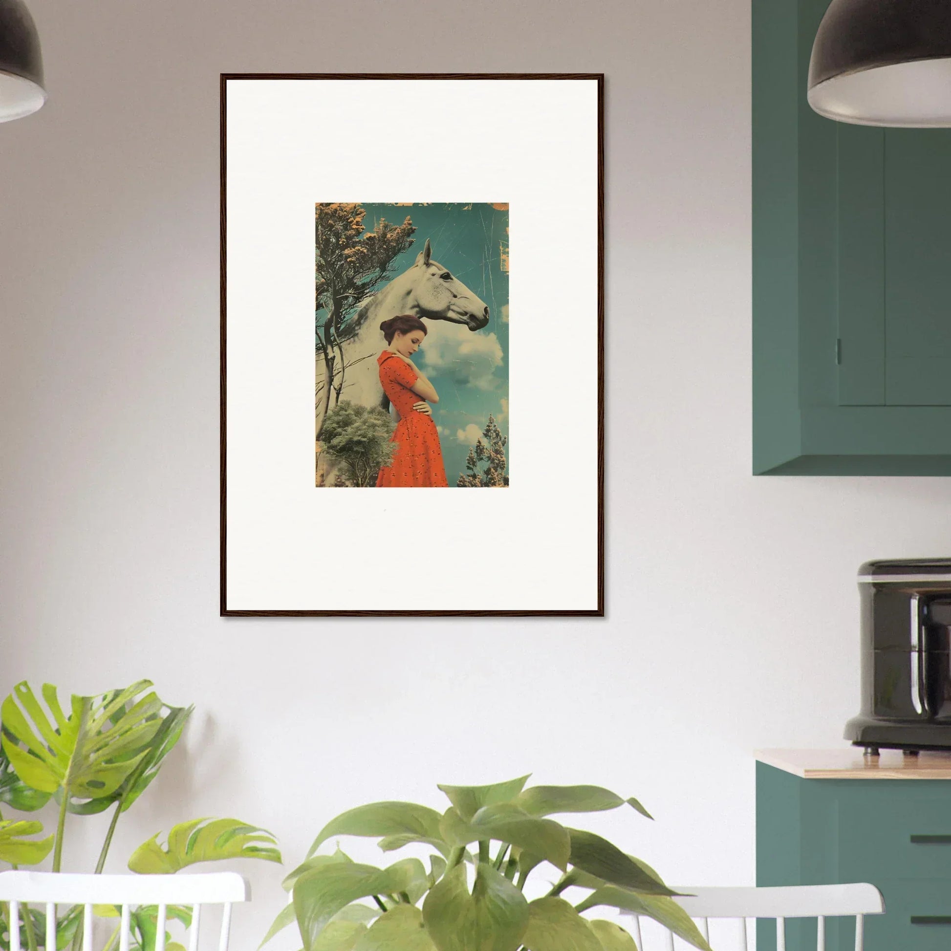 Framed artwork of a woman in a red dress beside a horse, Nebulous Equus Whisper design