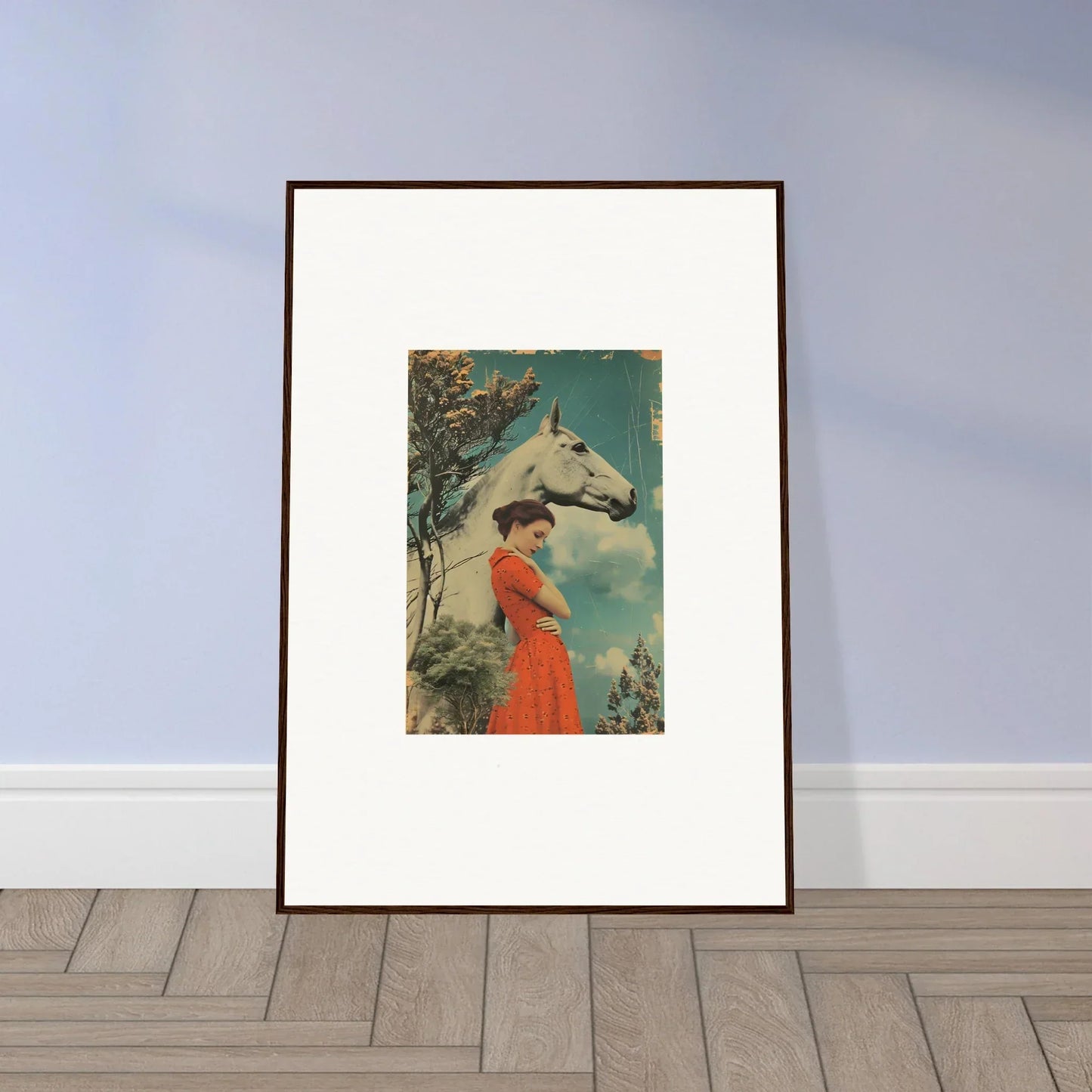 Framed vintage artwork of a woman in a red dress with a horse, Nebulous Equus Whisper