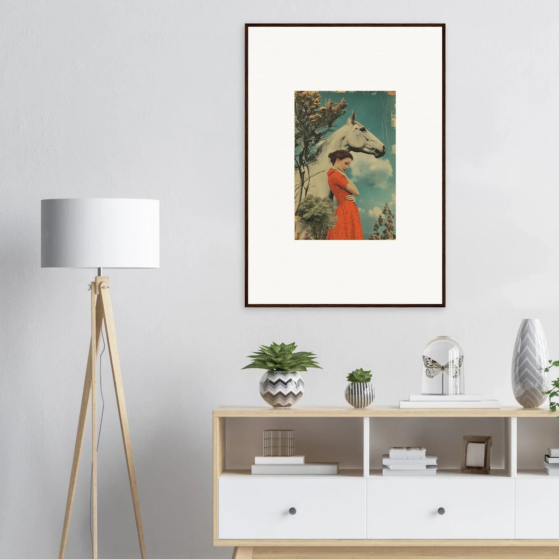 Framed artwork of a woman in a red dress beside a white horse, Nebulous Equus Whisper
