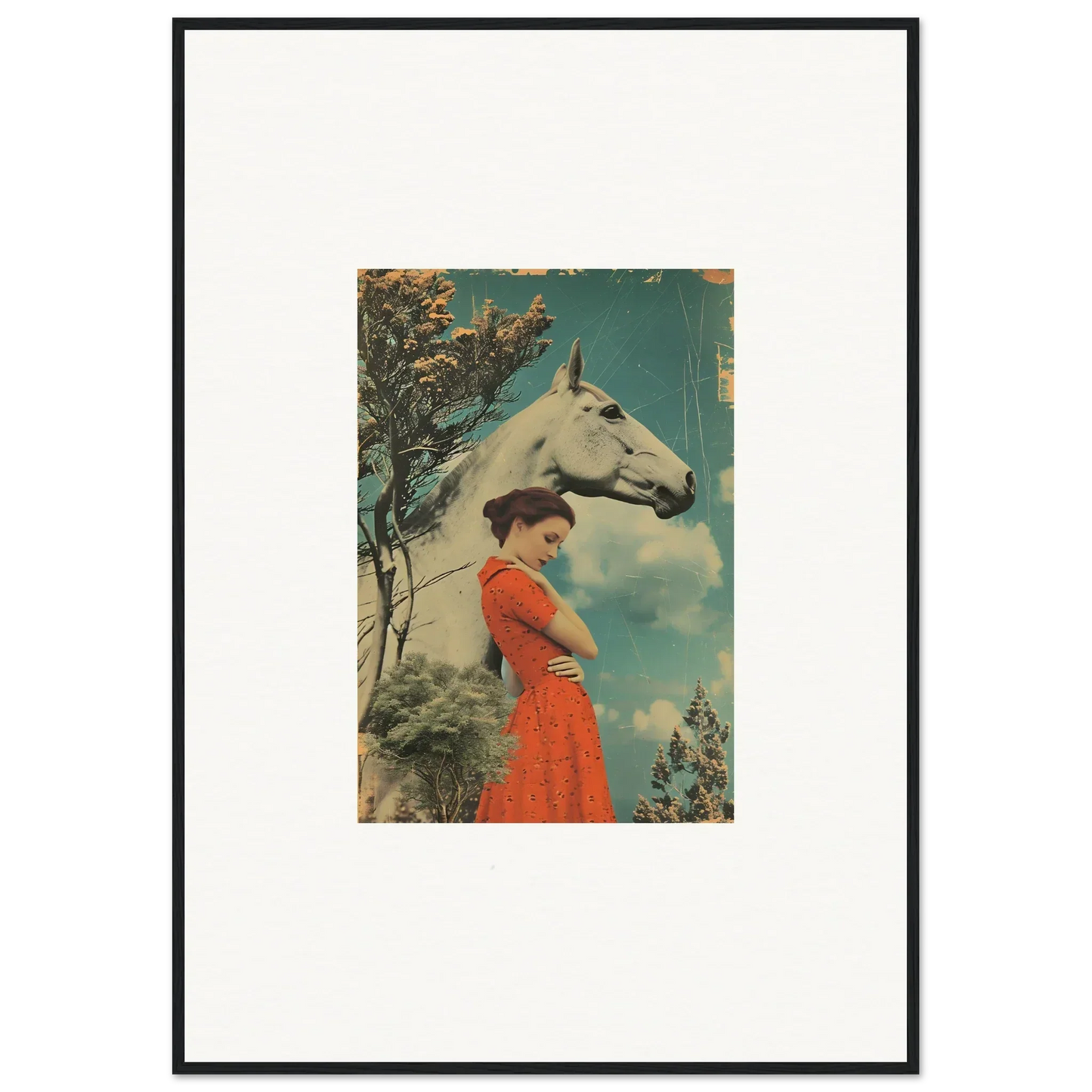 Framed vintage artwork of a woman in a red dress and a white horse, Nebulous Equus Whisper