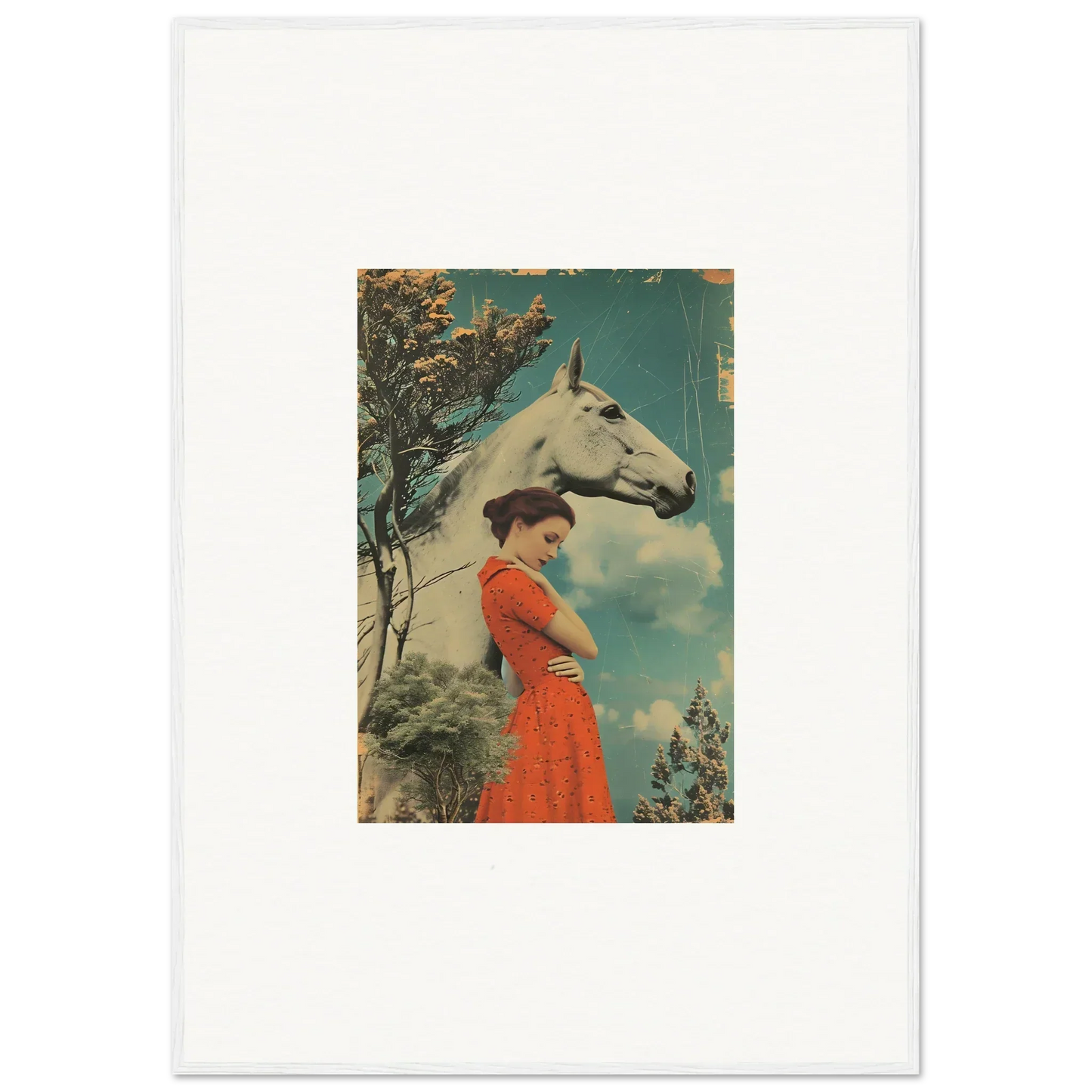Vintage-style illustration of a woman in a red dress beside her Nebulous Equus Whisper horse